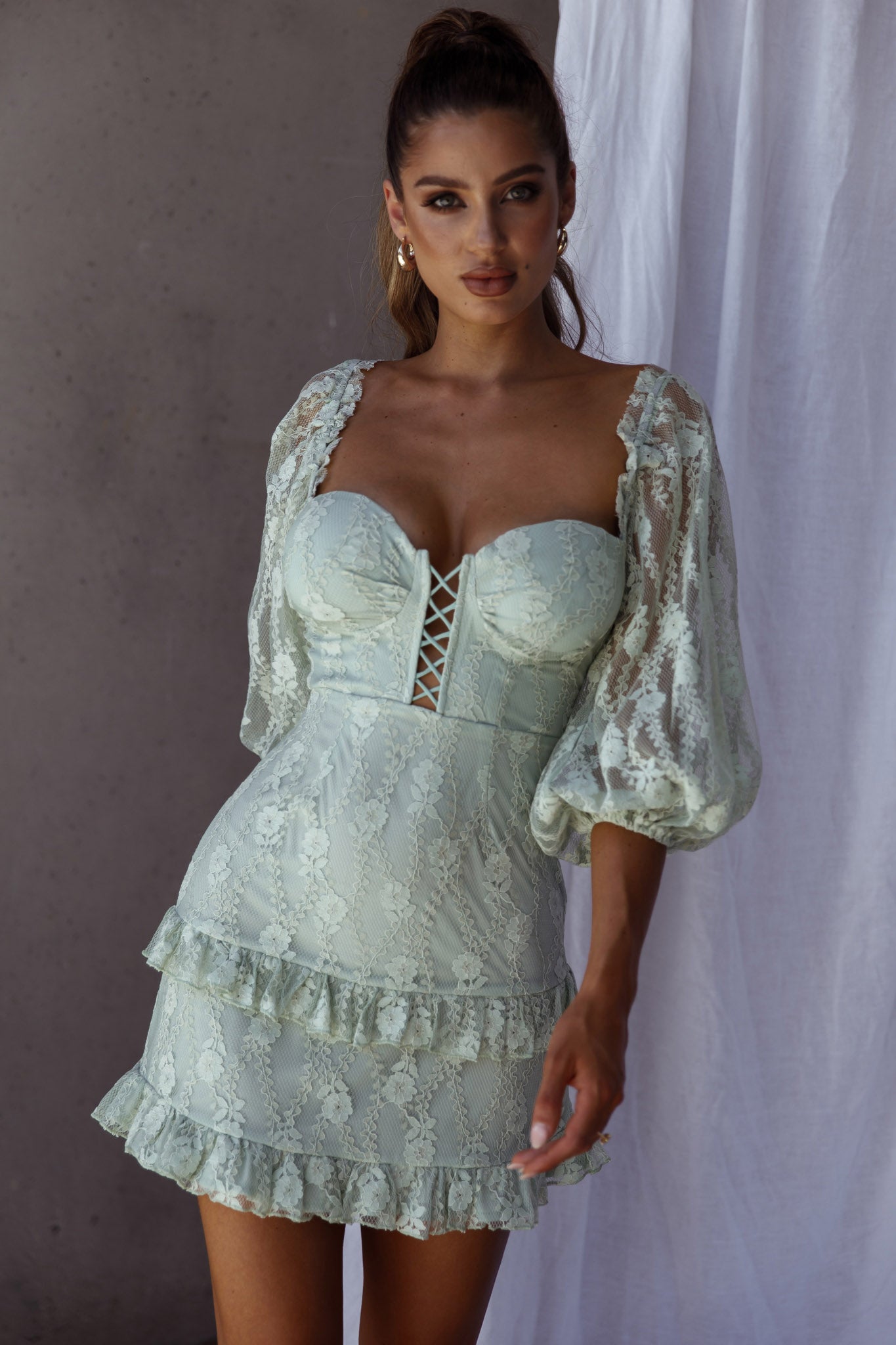 Hemingway Criss-Cross Bust Balloon Sleeve Frill Trim Lace Dress Sage-Maymioy