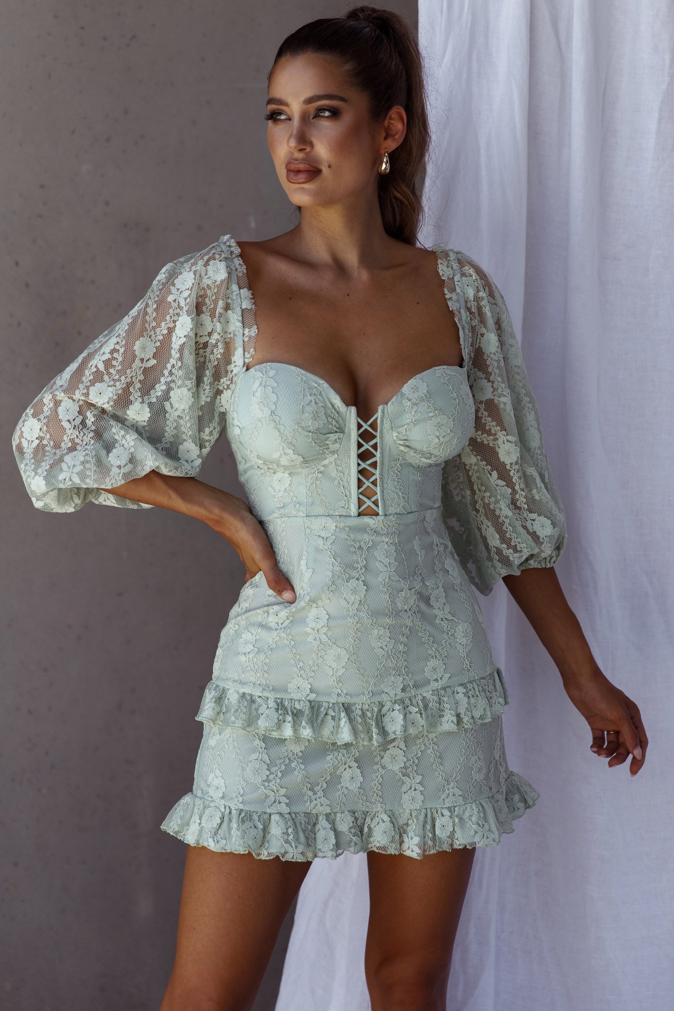 Hemingway Criss-Cross Bust Balloon Sleeve Frill Trim Lace Dress Sage-Maymioy