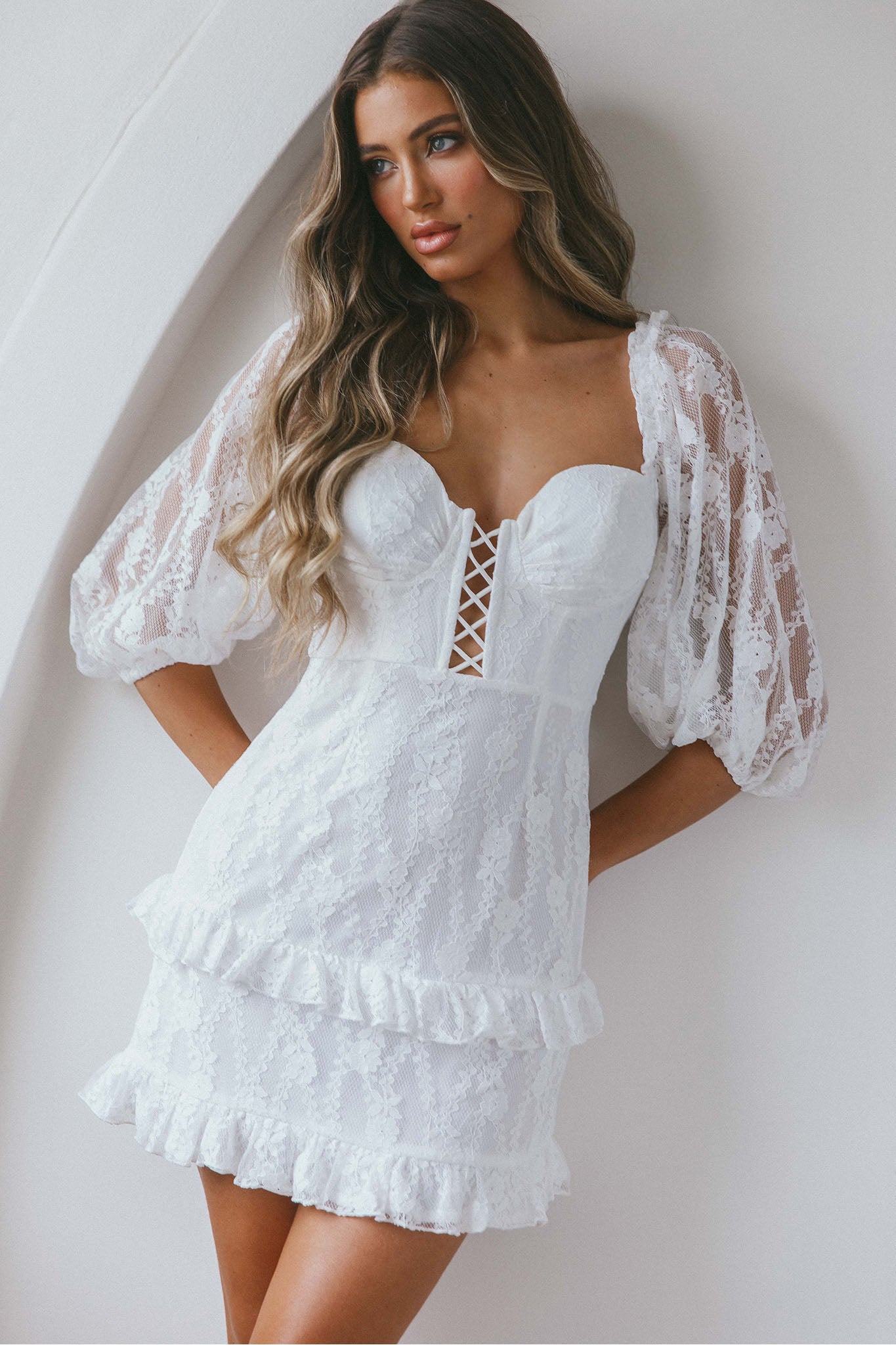 Hemingway Criss-Cross Bust Balloon Sleeve Frill Trim Lace Dress White-Maymioy