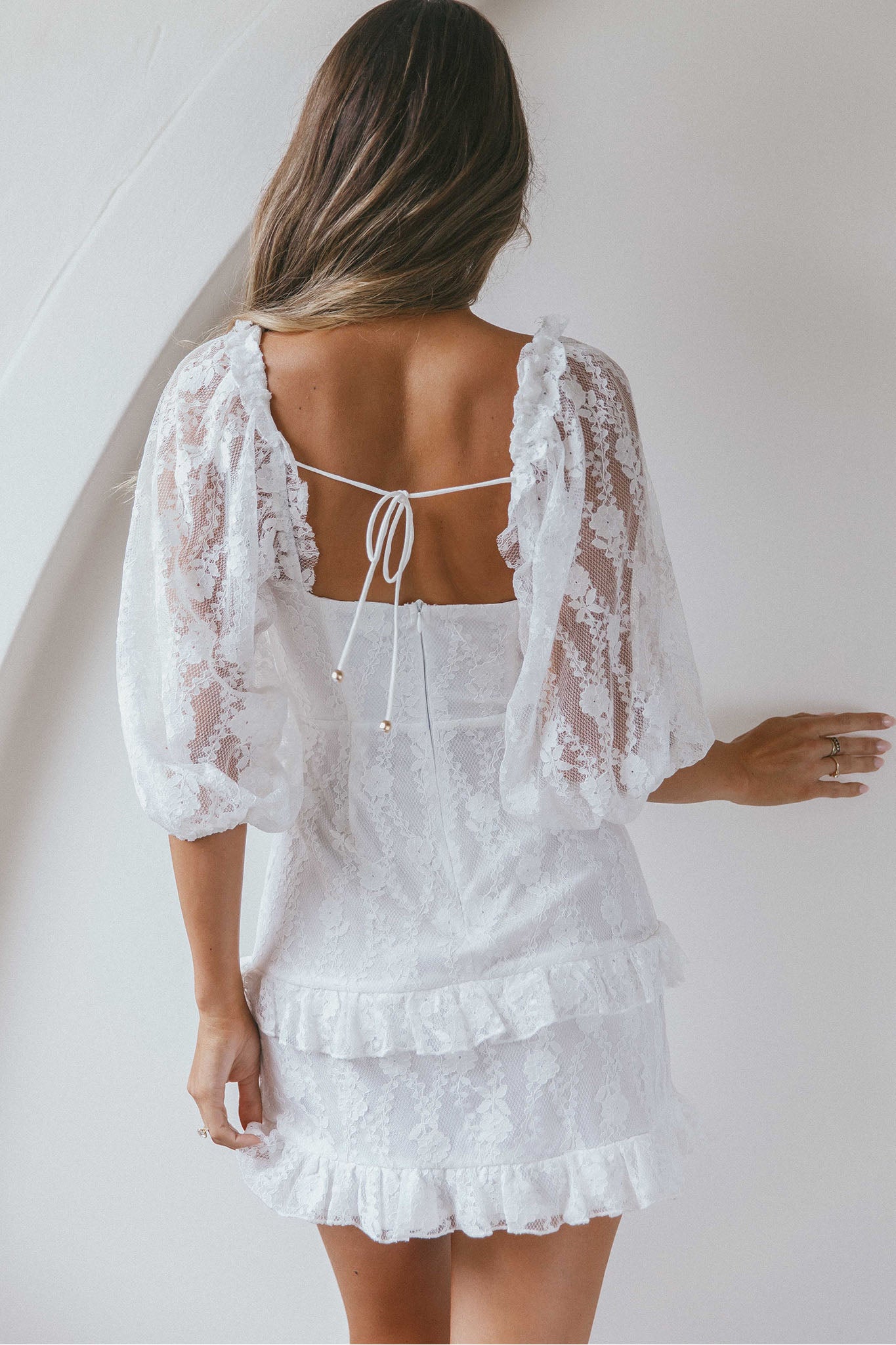 Hemingway Criss-Cross Bust Balloon Sleeve Frill Trim Lace Dress White-Maymioy