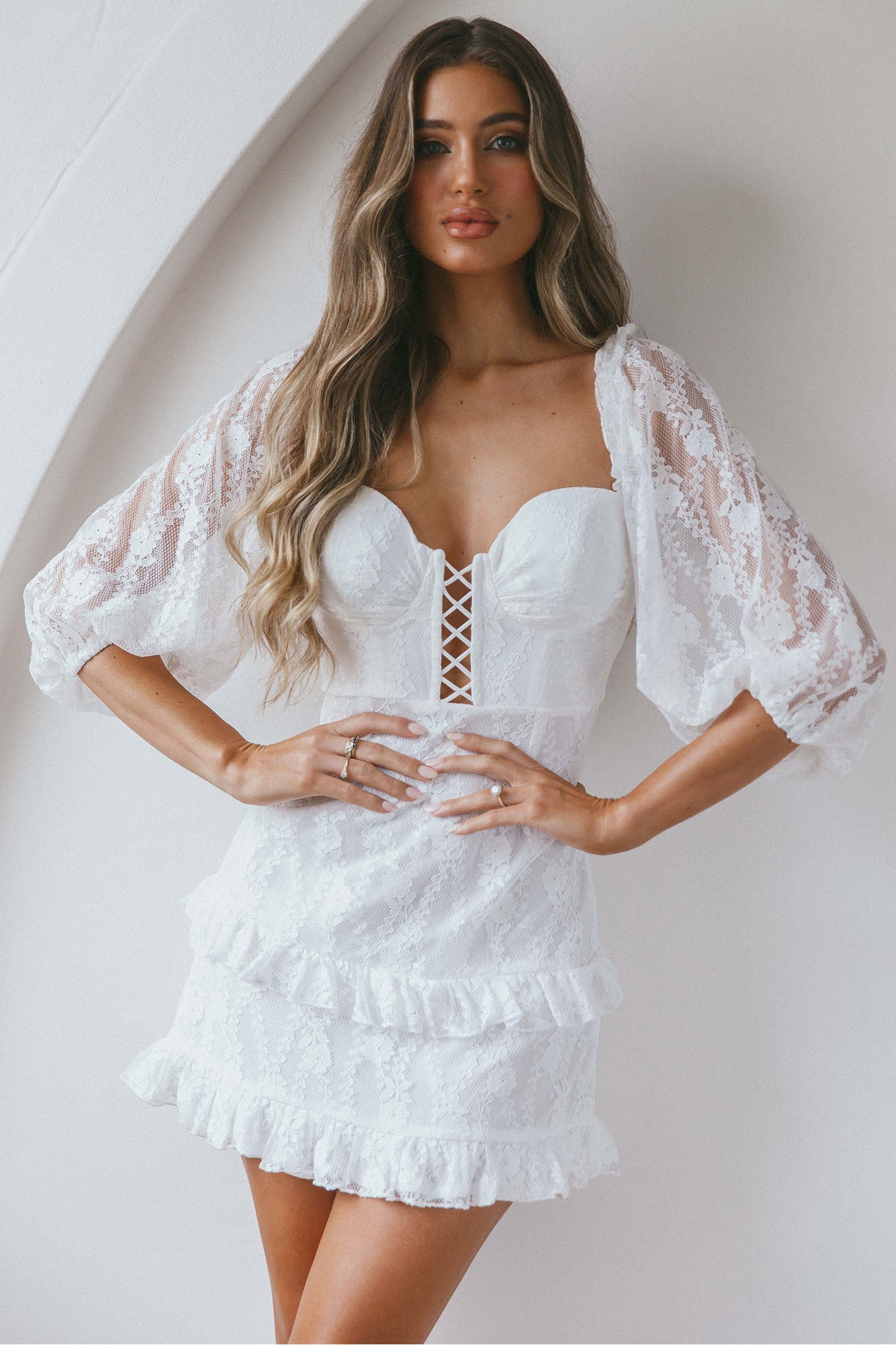 Hemingway Criss-Cross Bust Balloon Sleeve Frill Trim Lace Dress White-Maymioy