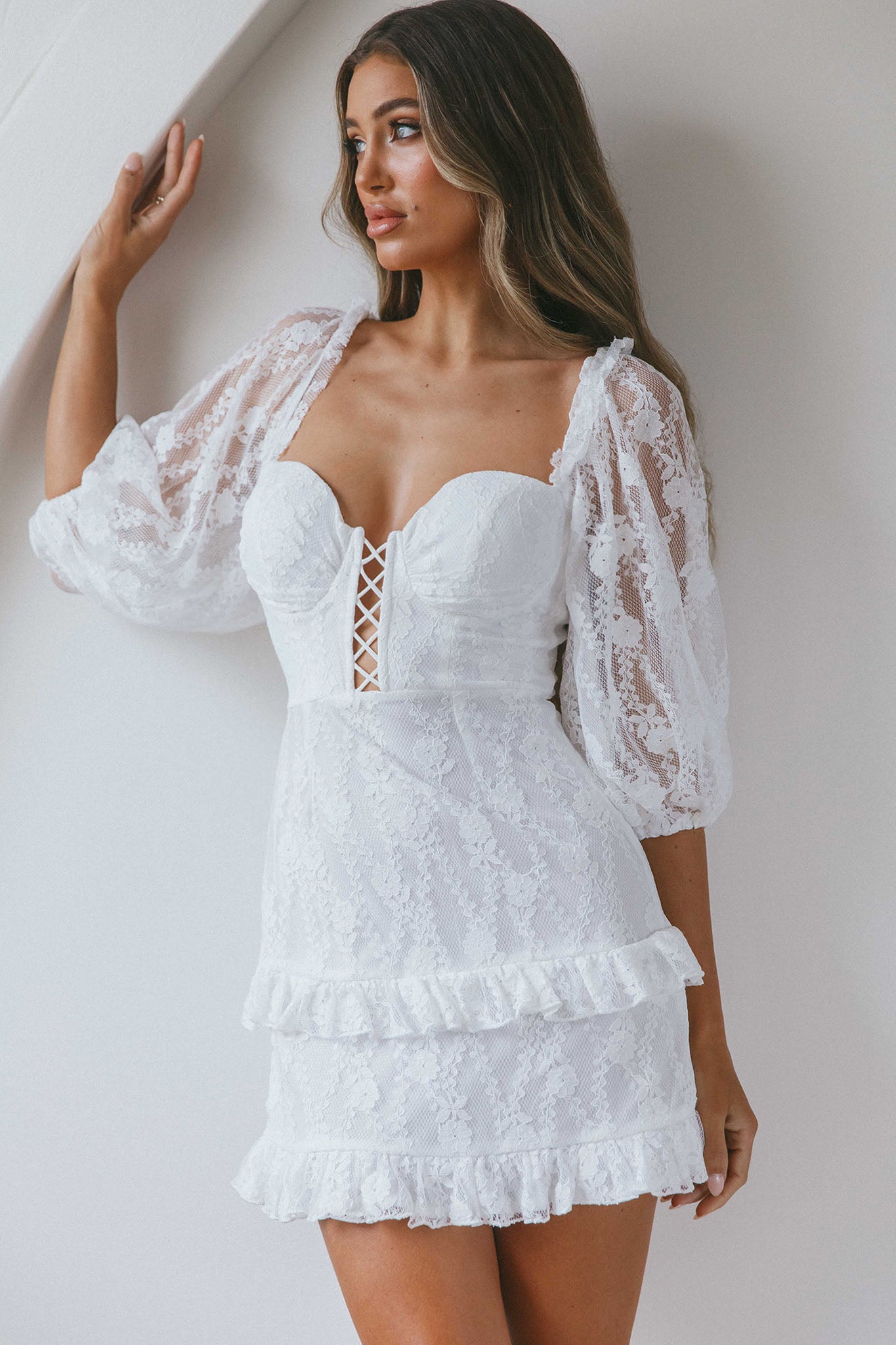 Hemingway Criss-Cross Bust Balloon Sleeve Frill Trim Lace Dress White-Maymioy