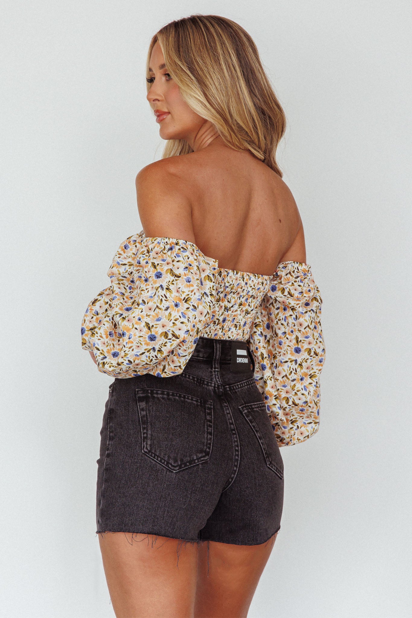 Maureen Off-Shoulder Shirred Crop Top Orange Multi-Maymioy