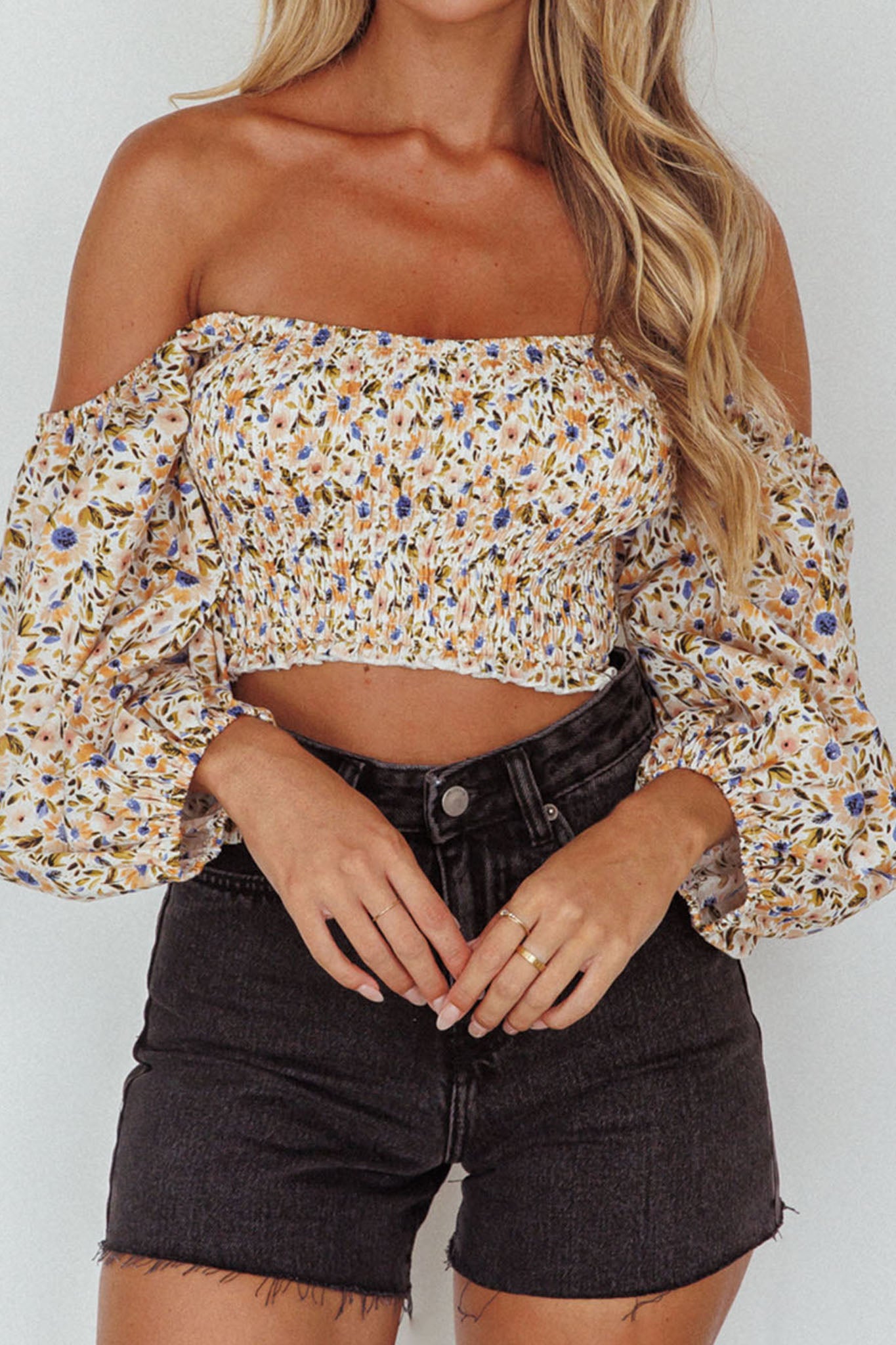 Maureen Off-Shoulder Shirred Crop Top Orange Multi-Maymioy