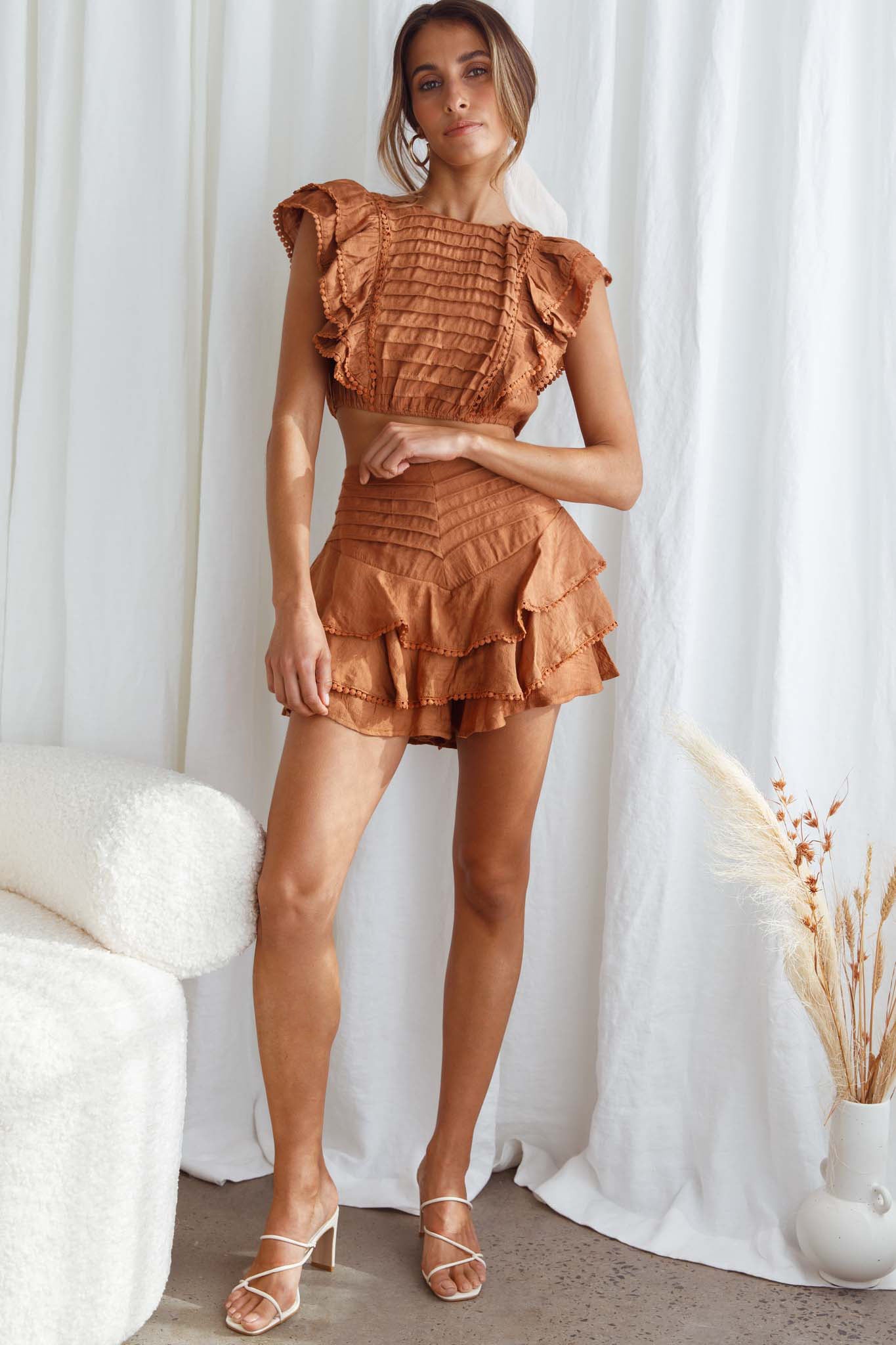 Wild And Free Pintuck Pleat And Layered Ruffle Shorts Tan-Maymioy