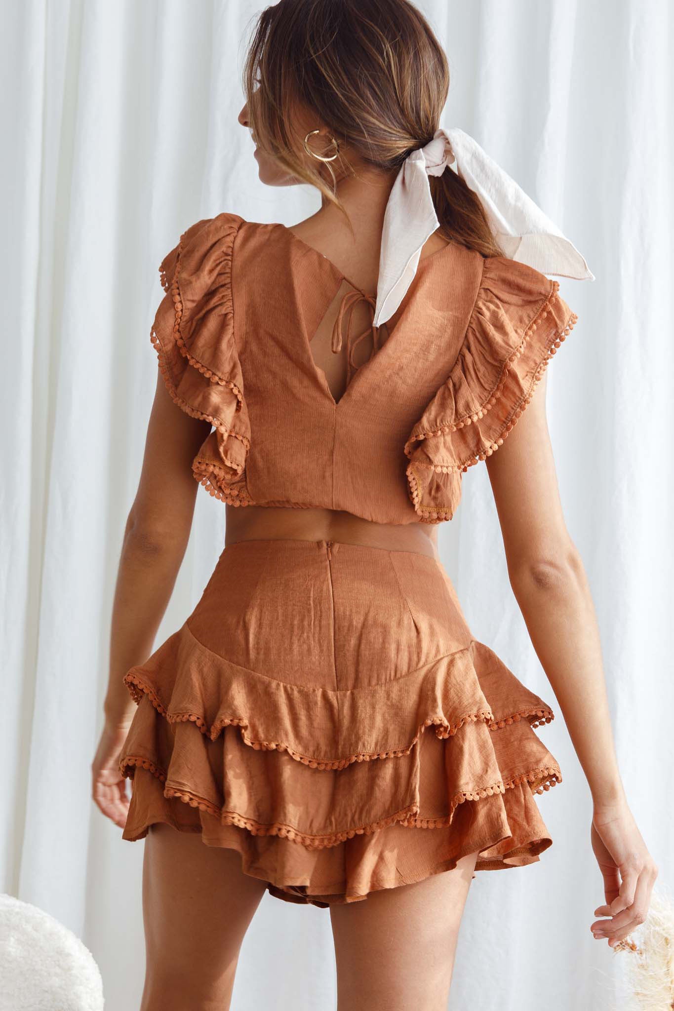 Wild And Free Pintuck Pleat And Layered Ruffle Shorts Tan-Maymioy