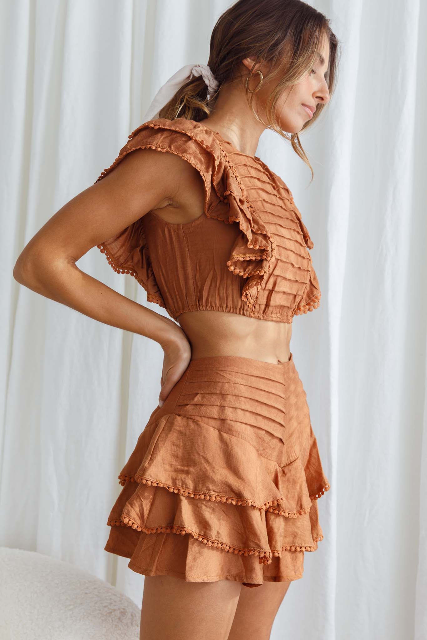 Wild And Free Pintuck Pleat And Layered Ruffle Shorts Tan-Maymioy