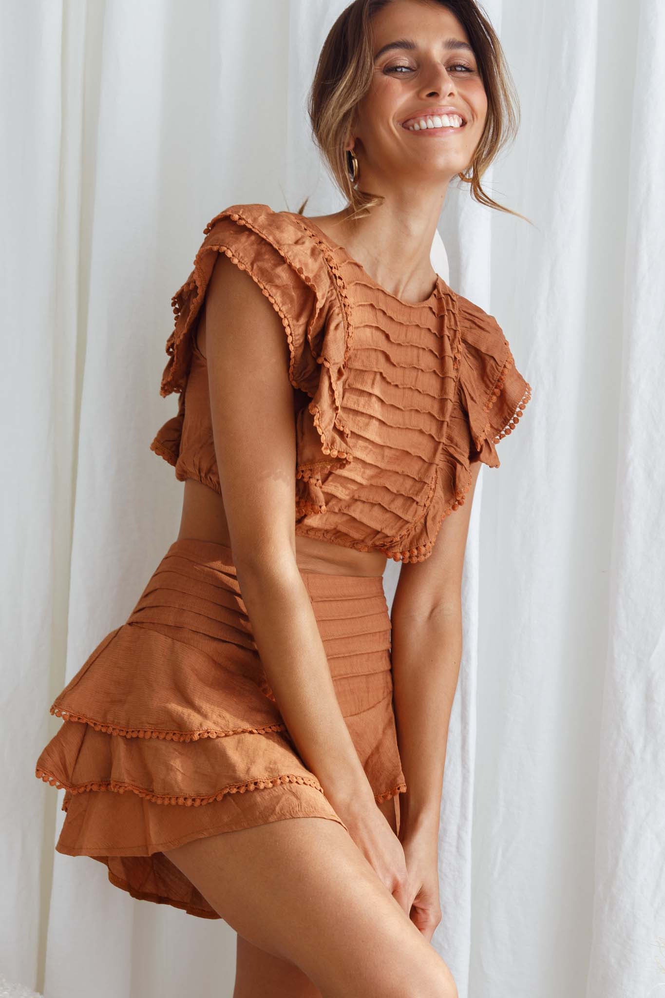 Wild And Free Pintuck Pleat And Layered Ruffle Shorts Tan-Maymioy