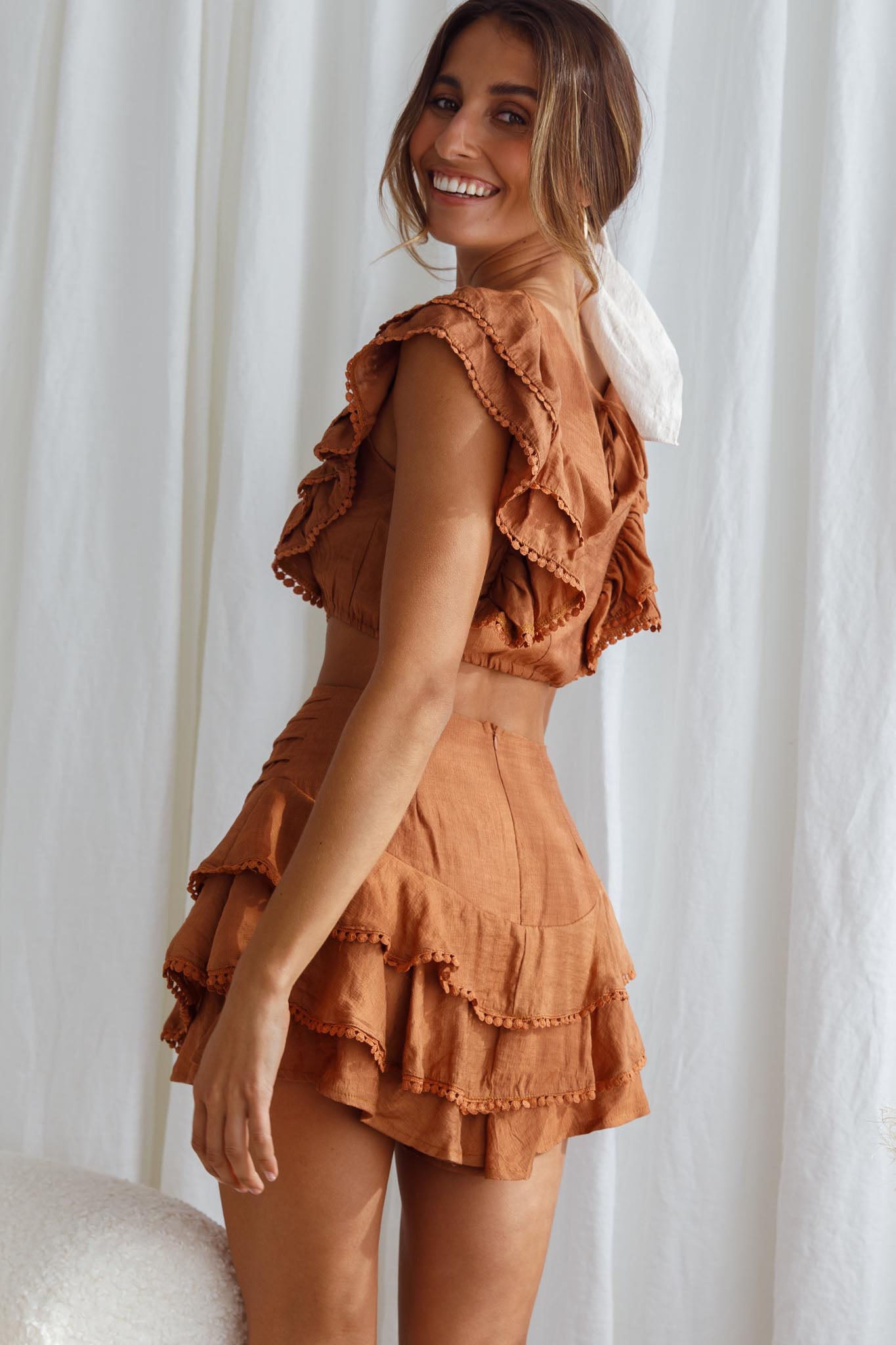 Wild And Free Pintuck Pleat And Layered Ruffle Shorts Tan-Maymioy