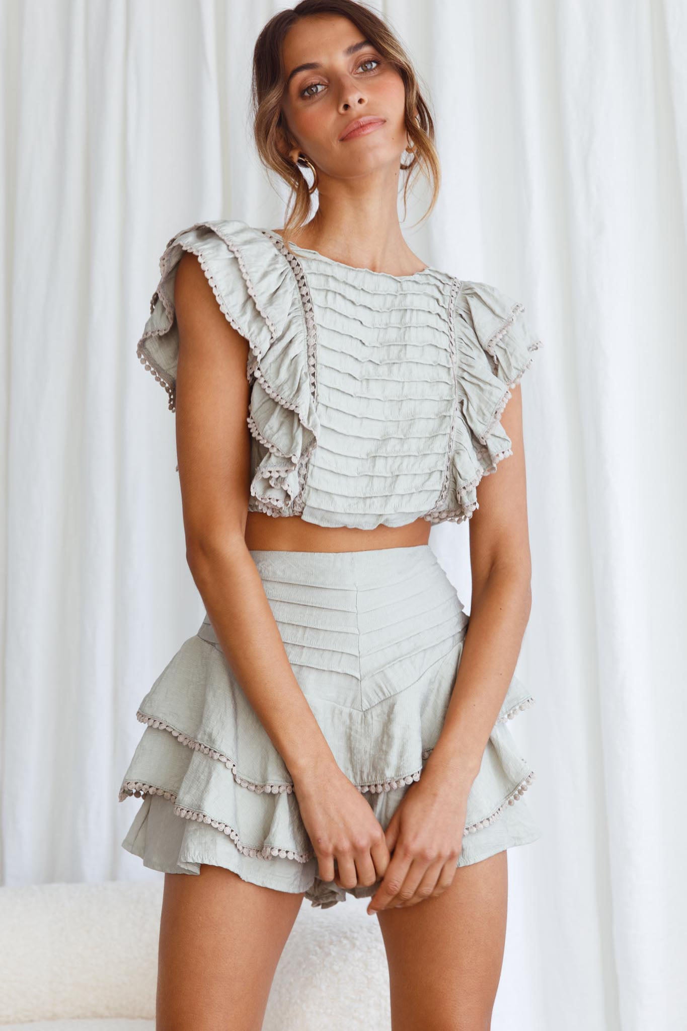 Wild And Free Pintuck Pleat And Ruffle Crop Top Pistachio-Maymioy