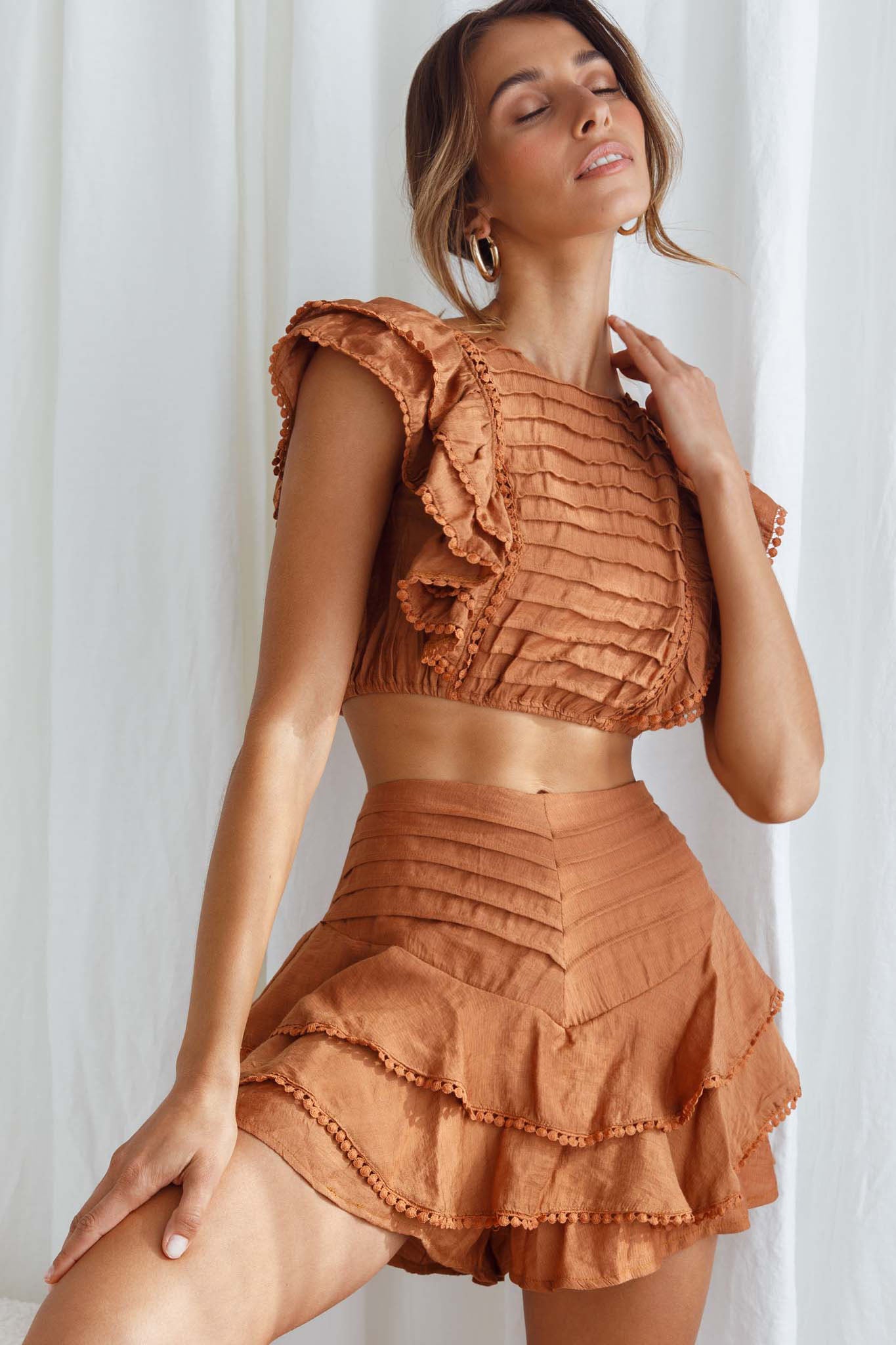 Wild And Free Pintuck Pleat And Ruffle Crop Top Tan-Maymioy