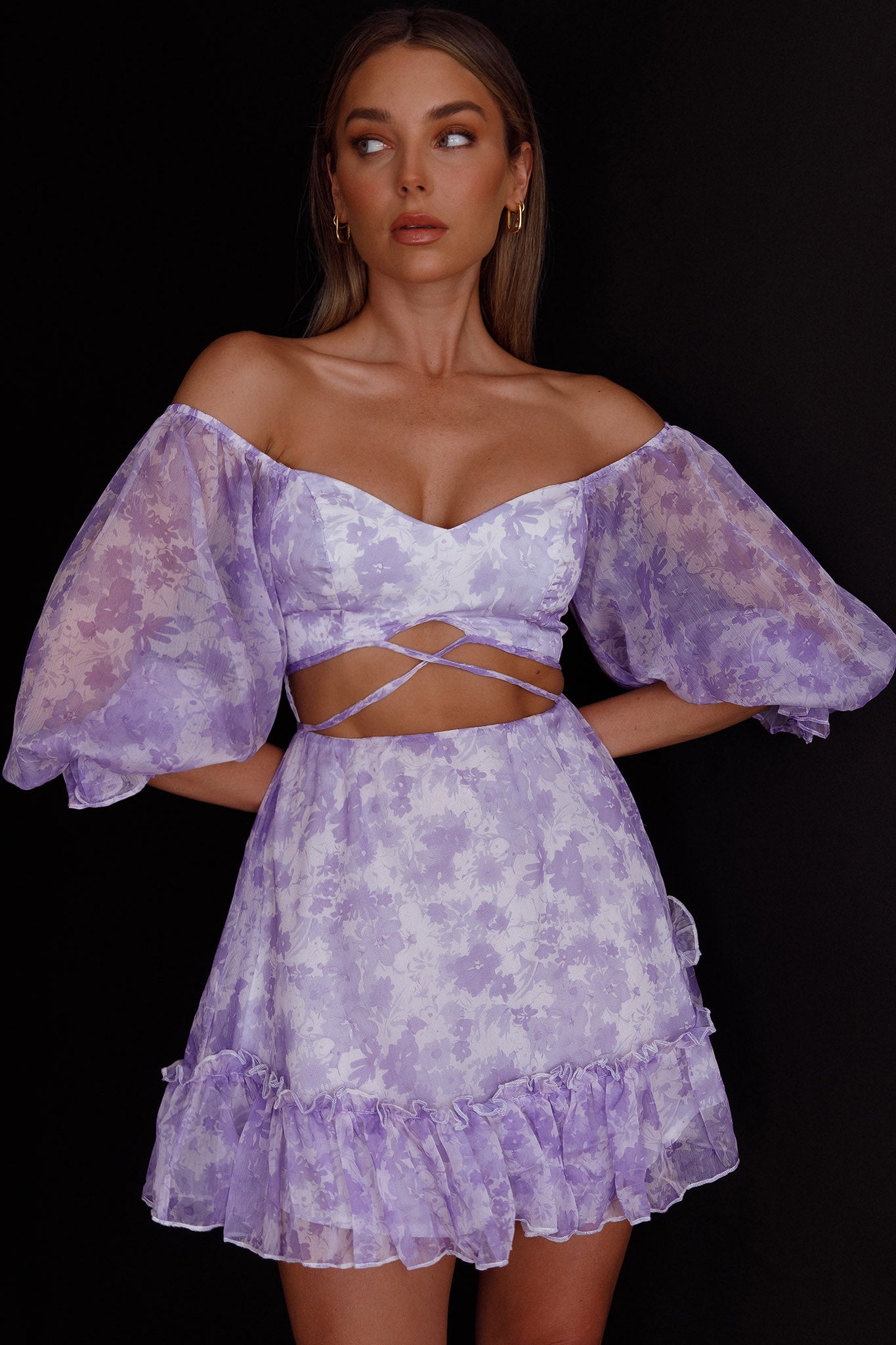 Alethea Puff Sleeve Cut-Out Waist Dress Floral Print Lilac-Maymioy