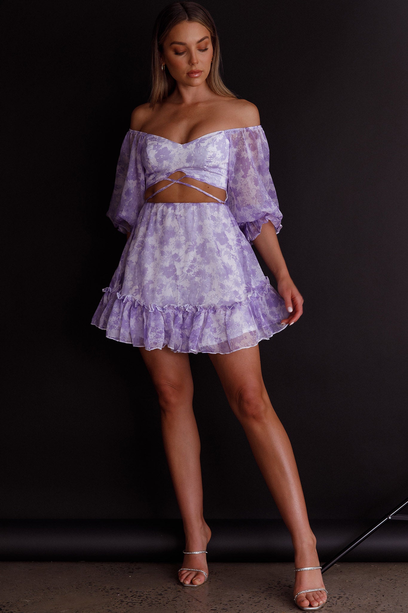 Alethea Puff Sleeve Cut-Out Waist Dress Floral Print Lilac-Maymioy