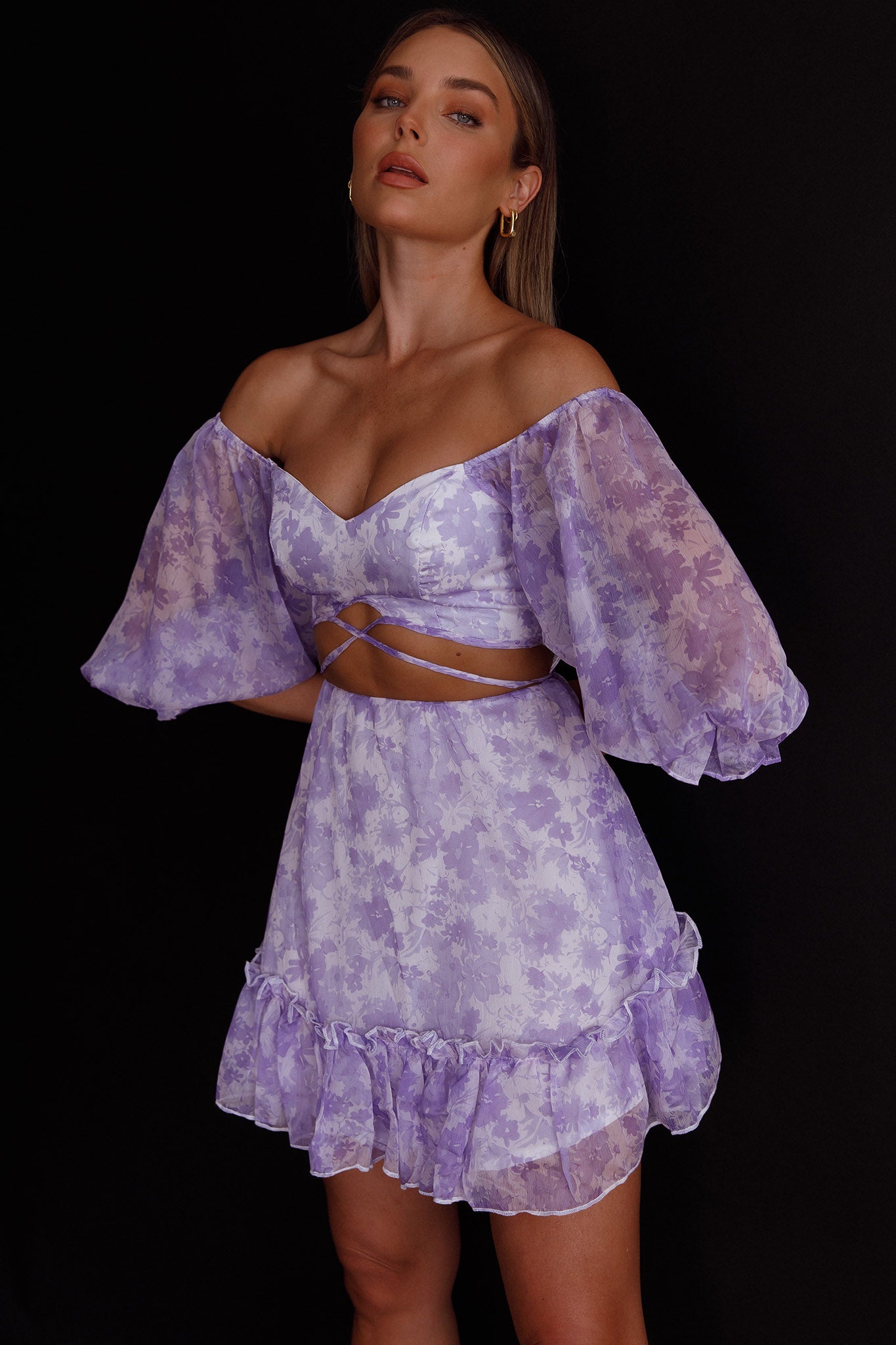 Alethea Puff Sleeve Cut-Out Waist Dress Floral Print Lilac-Maymioy
