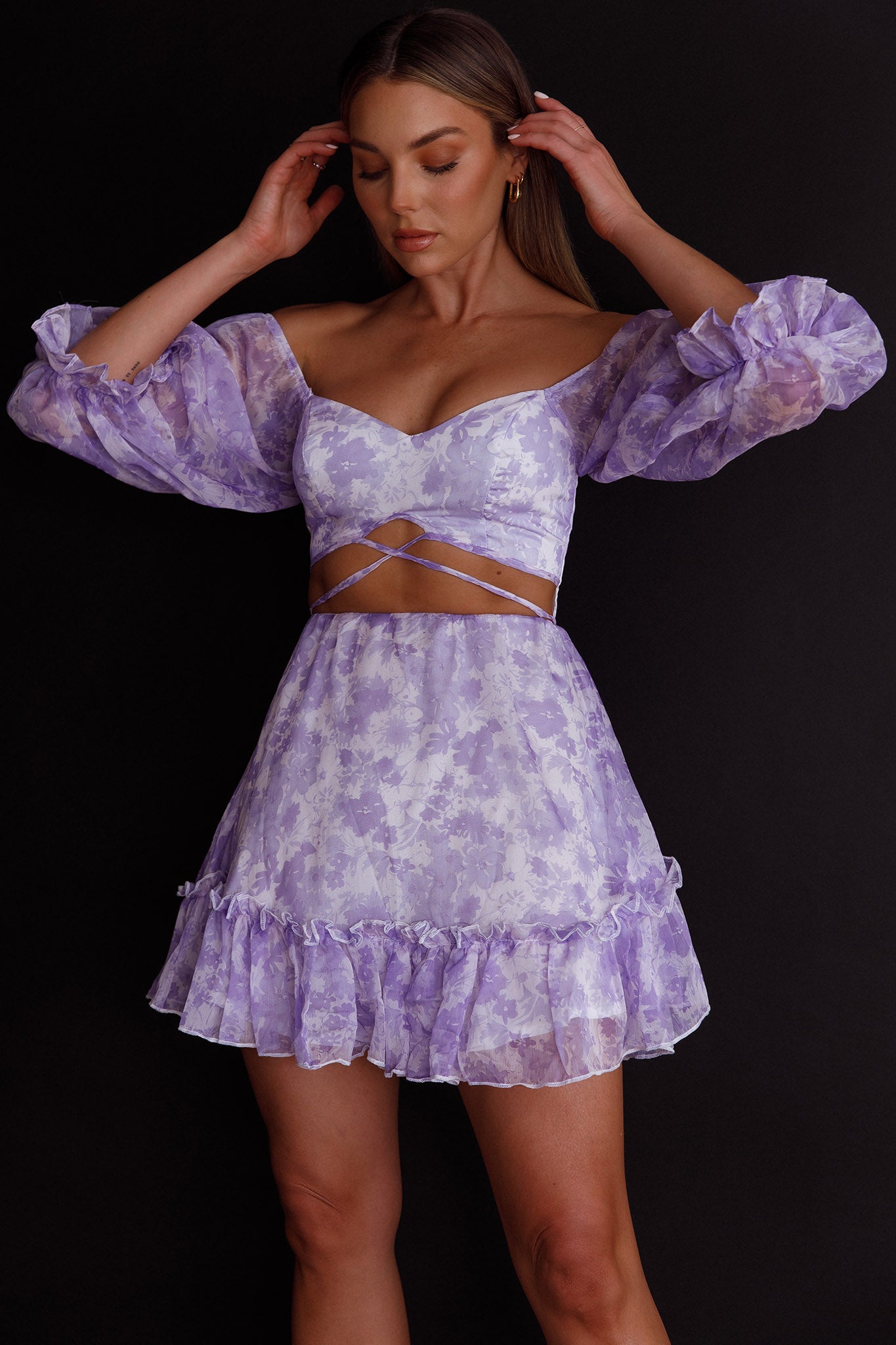 Alethea Puff Sleeve Cut-Out Waist Dress Floral Print Lilac-Maymioy