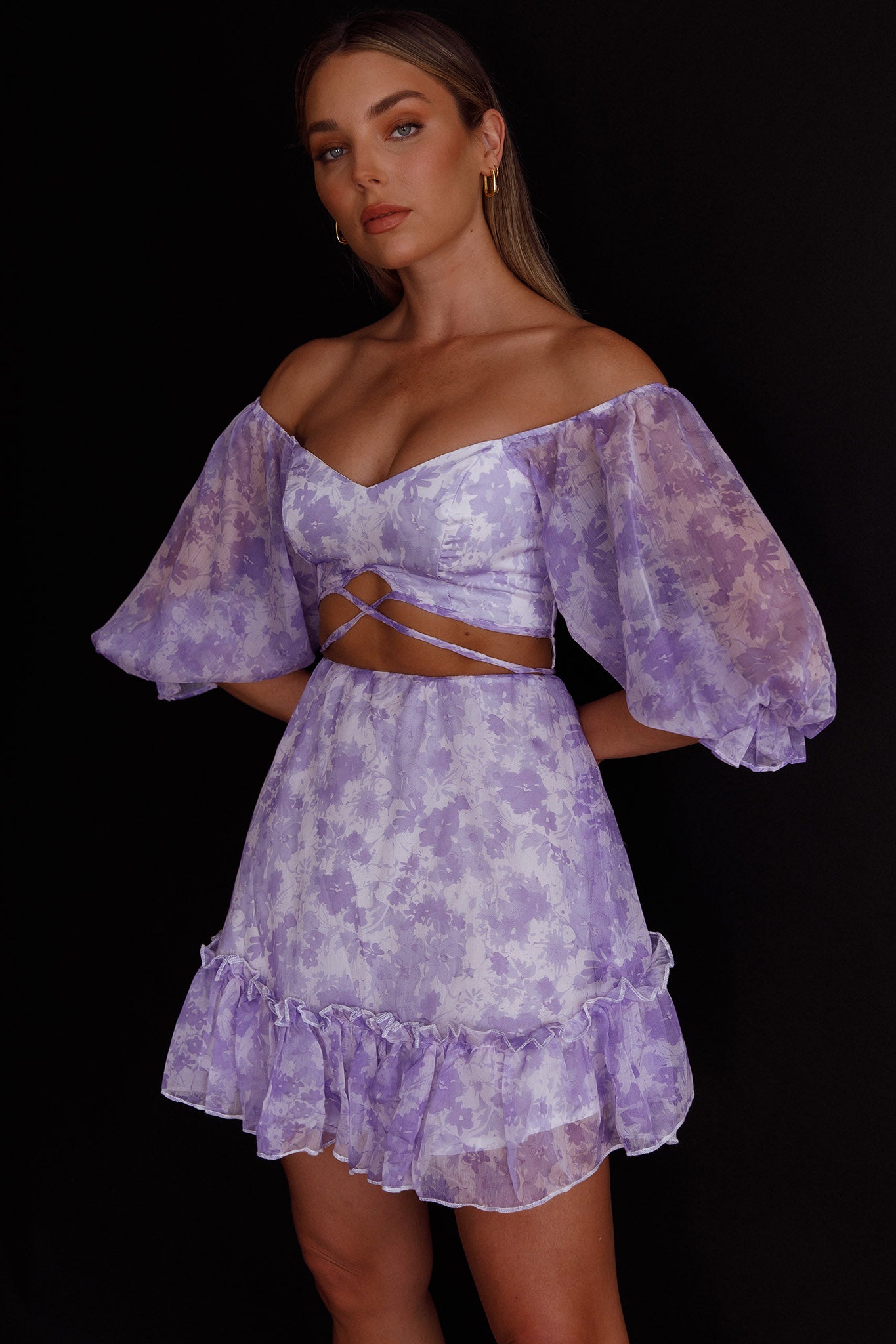 Alethea Puff Sleeve Cut-Out Waist Dress Floral Print Lilac-Maymioy