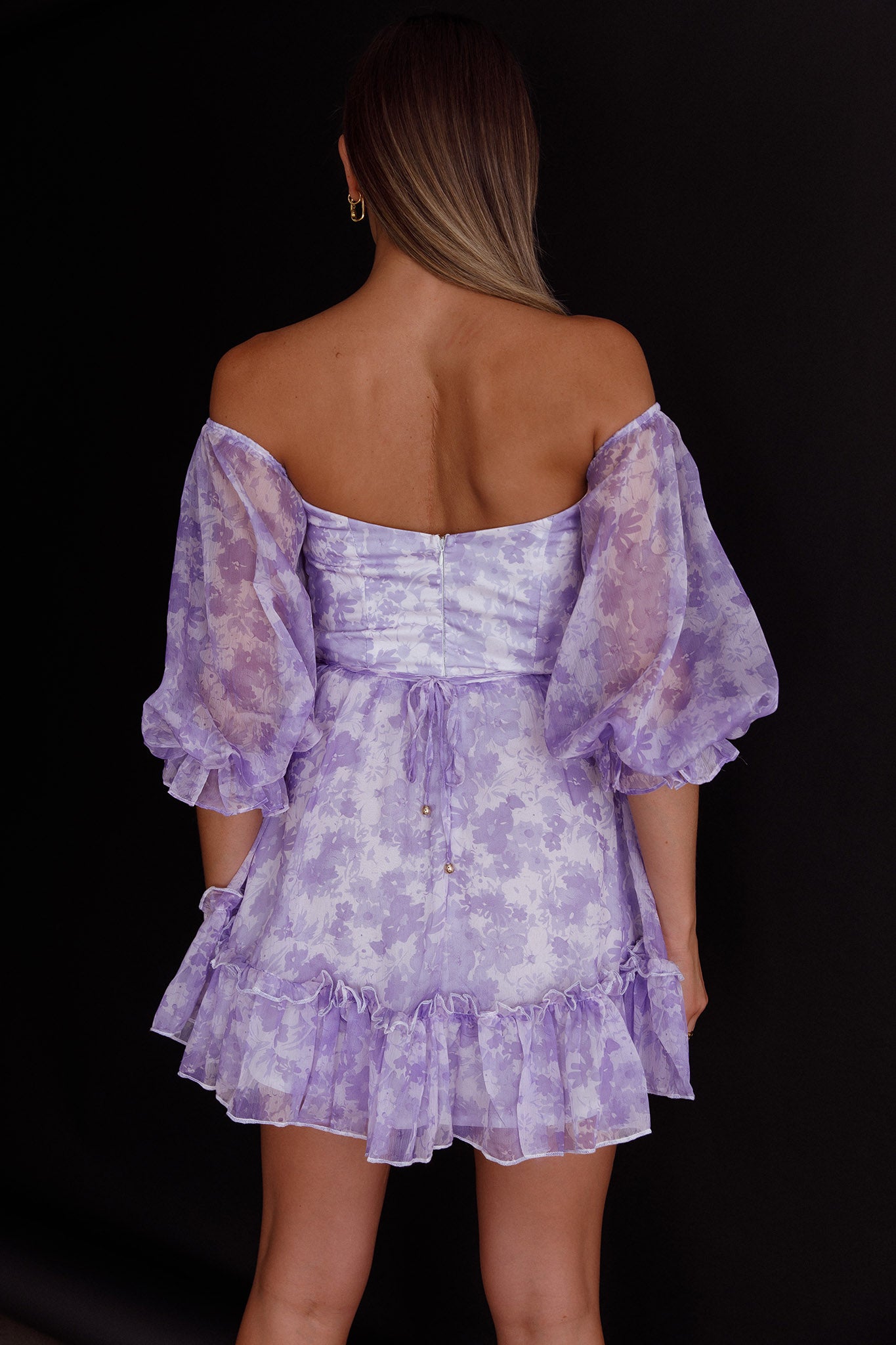 Alethea Puff Sleeve Cut-Out Waist Dress Floral Print Lilac-Maymioy