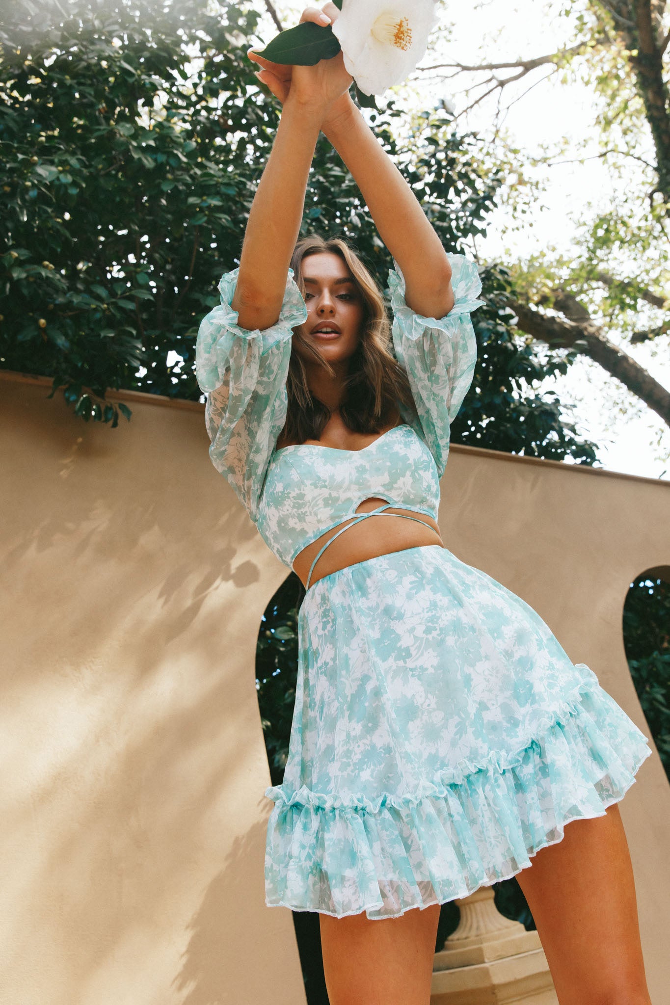 Alethea Puff Sleeve Cut-Out Waist Dress Floral Print Mint-Maymioy