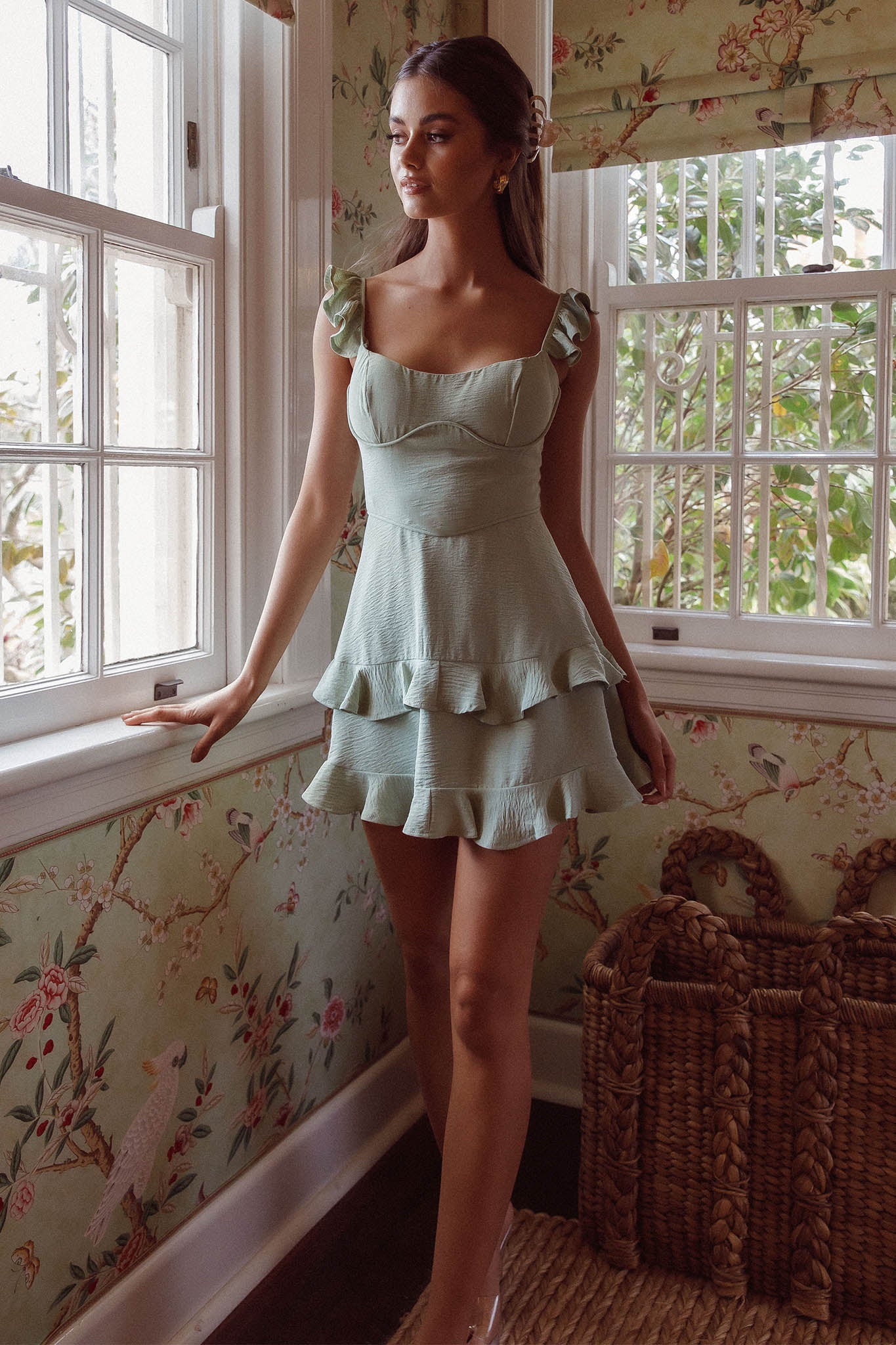 Moonlit Moment Ruffle Trim Piping Detail Lace-Up Back Dress Sage-Maymioy