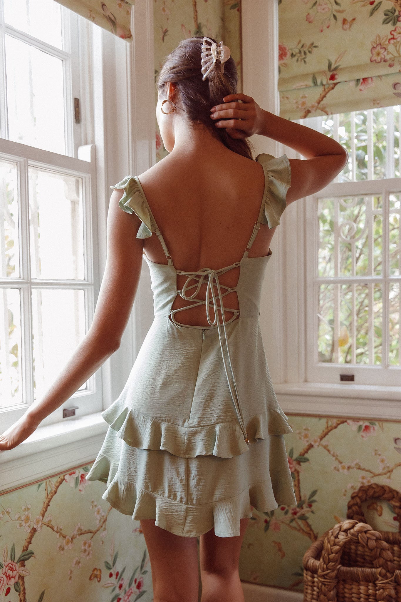 Moonlit Moment Ruffle Trim Piping Detail Lace-Up Back Dress Sage-Maymioy