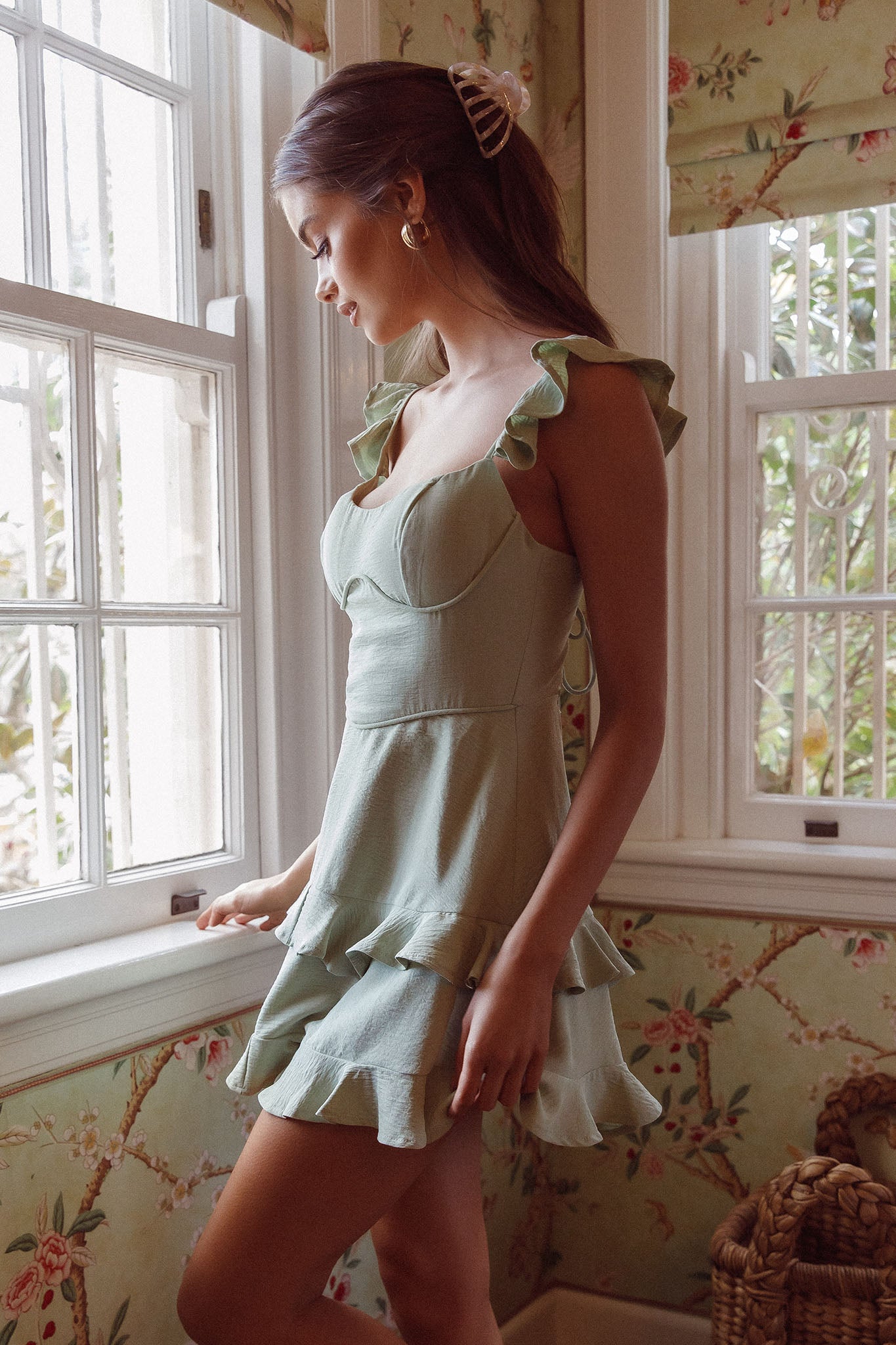 Moonlit Moment Ruffle Trim Piping Detail Lace-Up Back Dress Sage-Maymioy