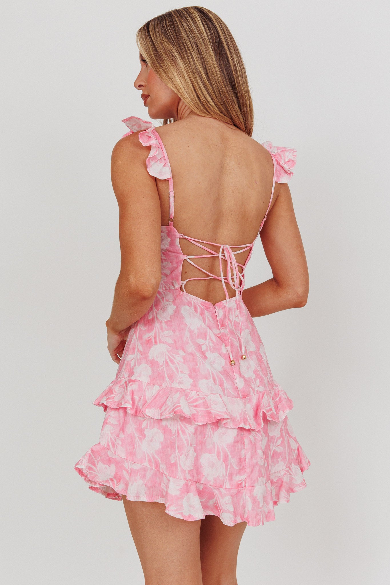 Moonlit Moment Ruffle Trim Lace-Up Back Dress Flowers Pink-Maymioy
