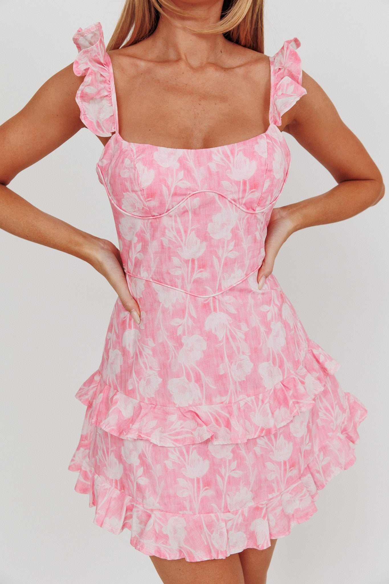 Moonlit Moment Ruffle Trim Lace-Up Back Dress Flowers Pink-Maymioy