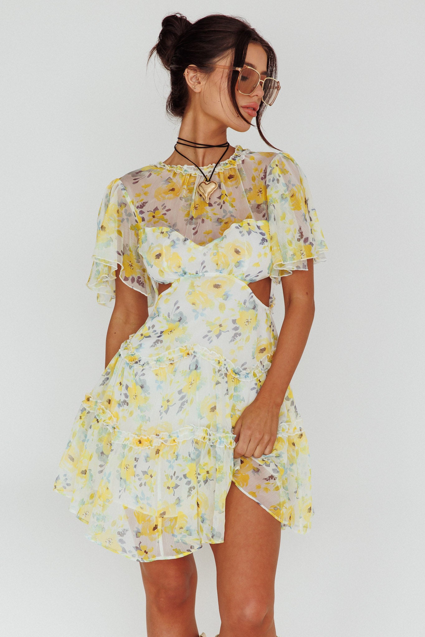 Tres Chic Flutter Sleeve Cut-Out Dress Floral Yellow-Maymioy