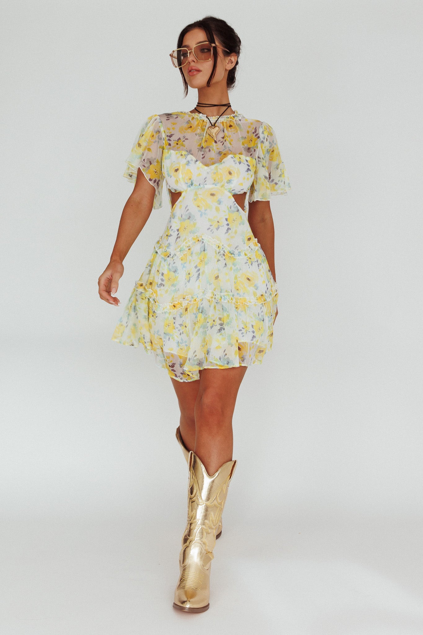Tres Chic Flutter Sleeve Cut-Out Dress Floral Yellow-Maymioy