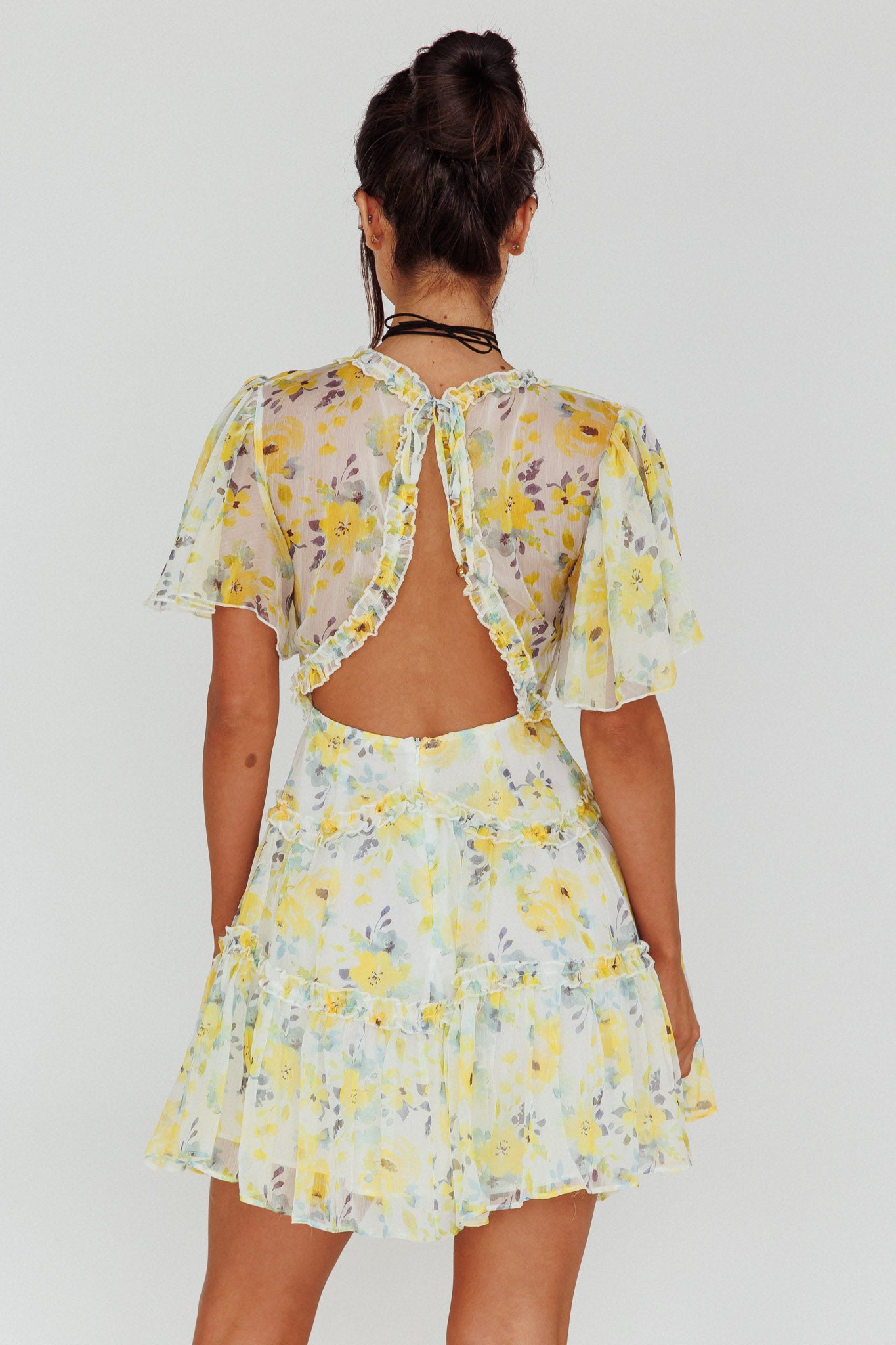 Tres Chic Flutter Sleeve Cut-Out Dress Floral Yellow-Maymioy