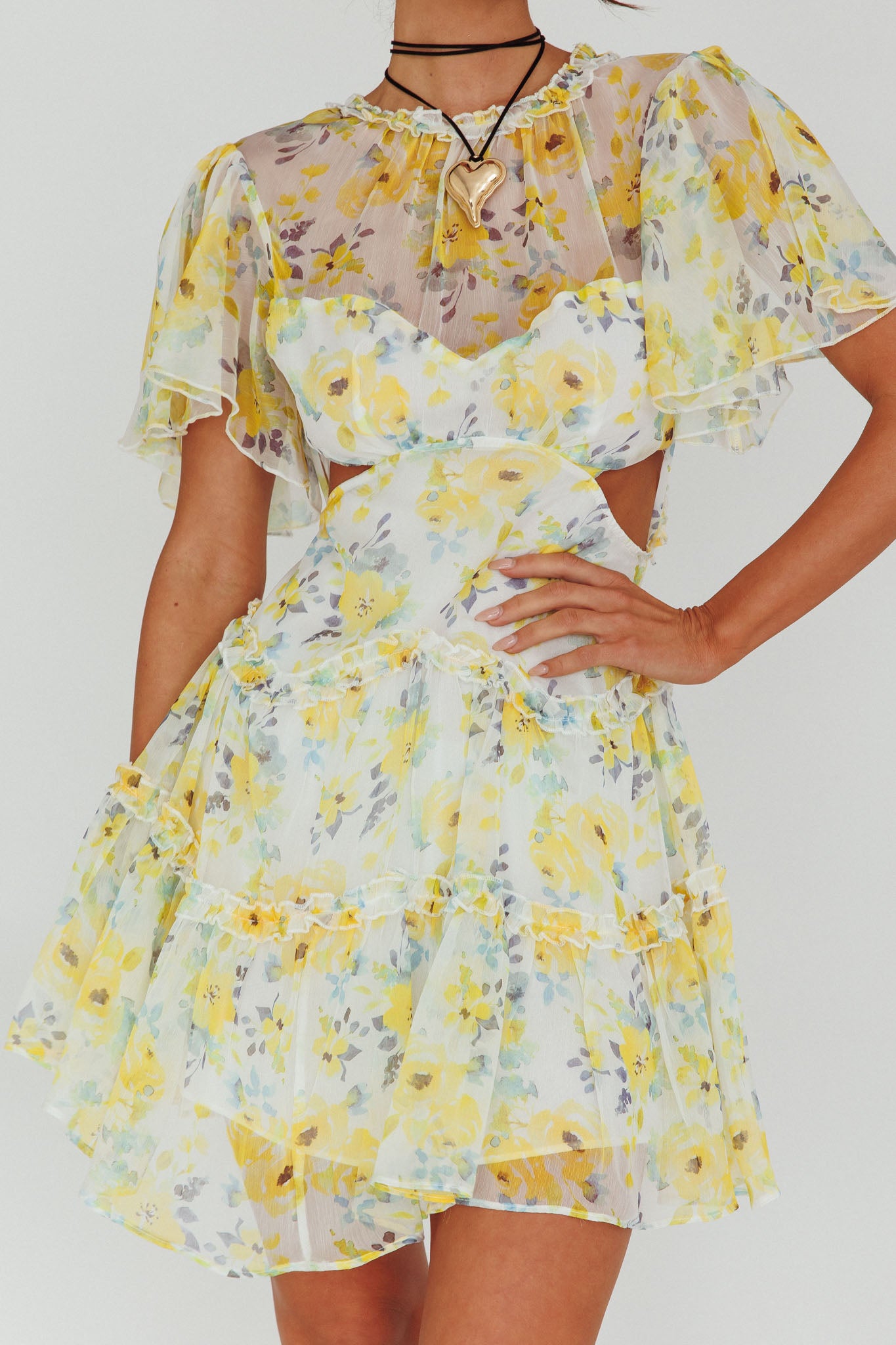 Tres Chic Flutter Sleeve Cut-Out Dress Floral Yellow-Maymioy