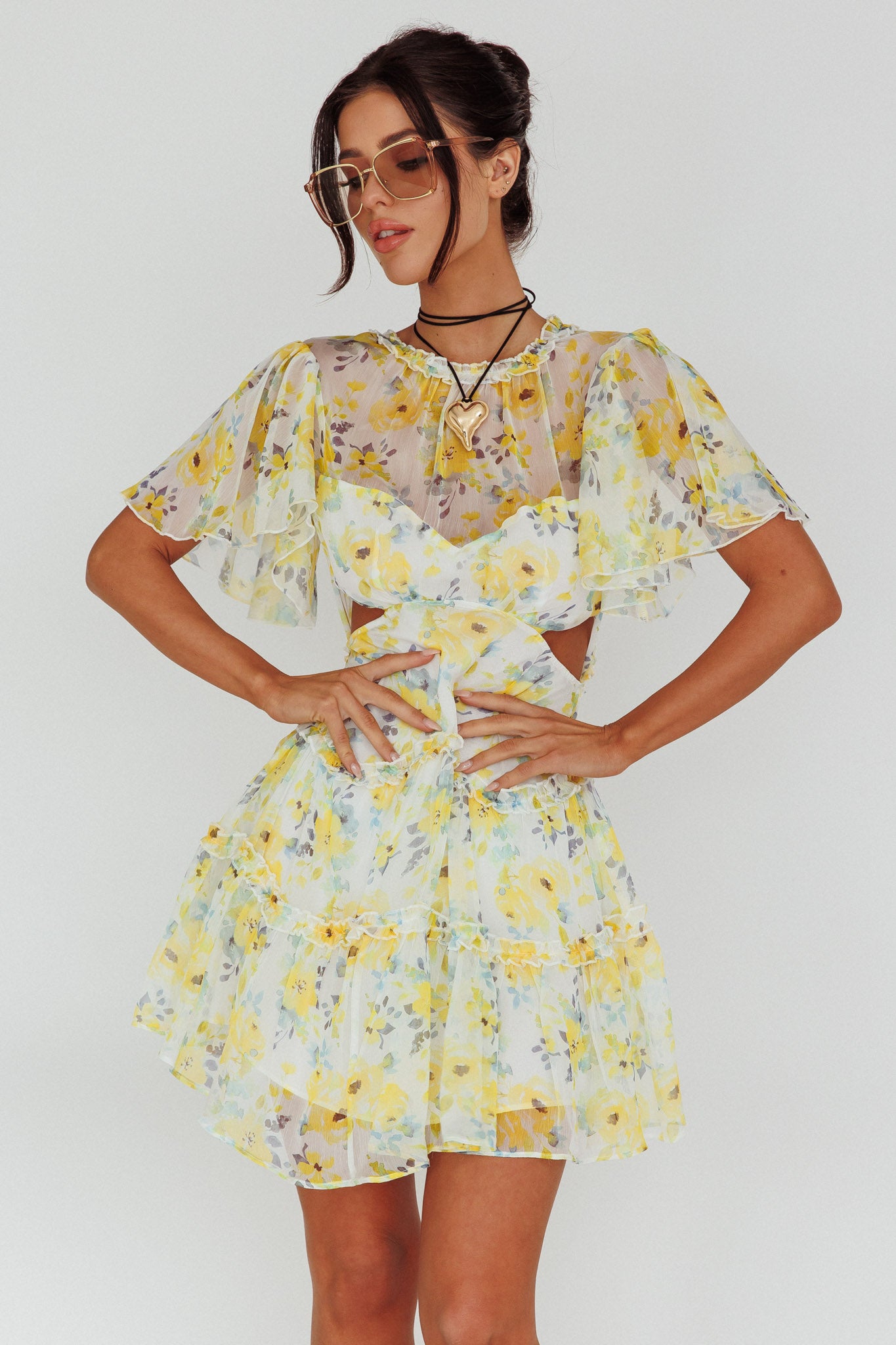 Tres Chic Flutter Sleeve Cut-Out Dress Floral Yellow-Maymioy