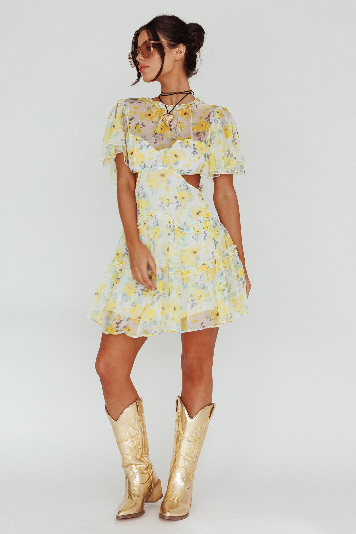Tres Chic Flutter Sleeve Cut-Out Dress Floral Yellow-Maymioy