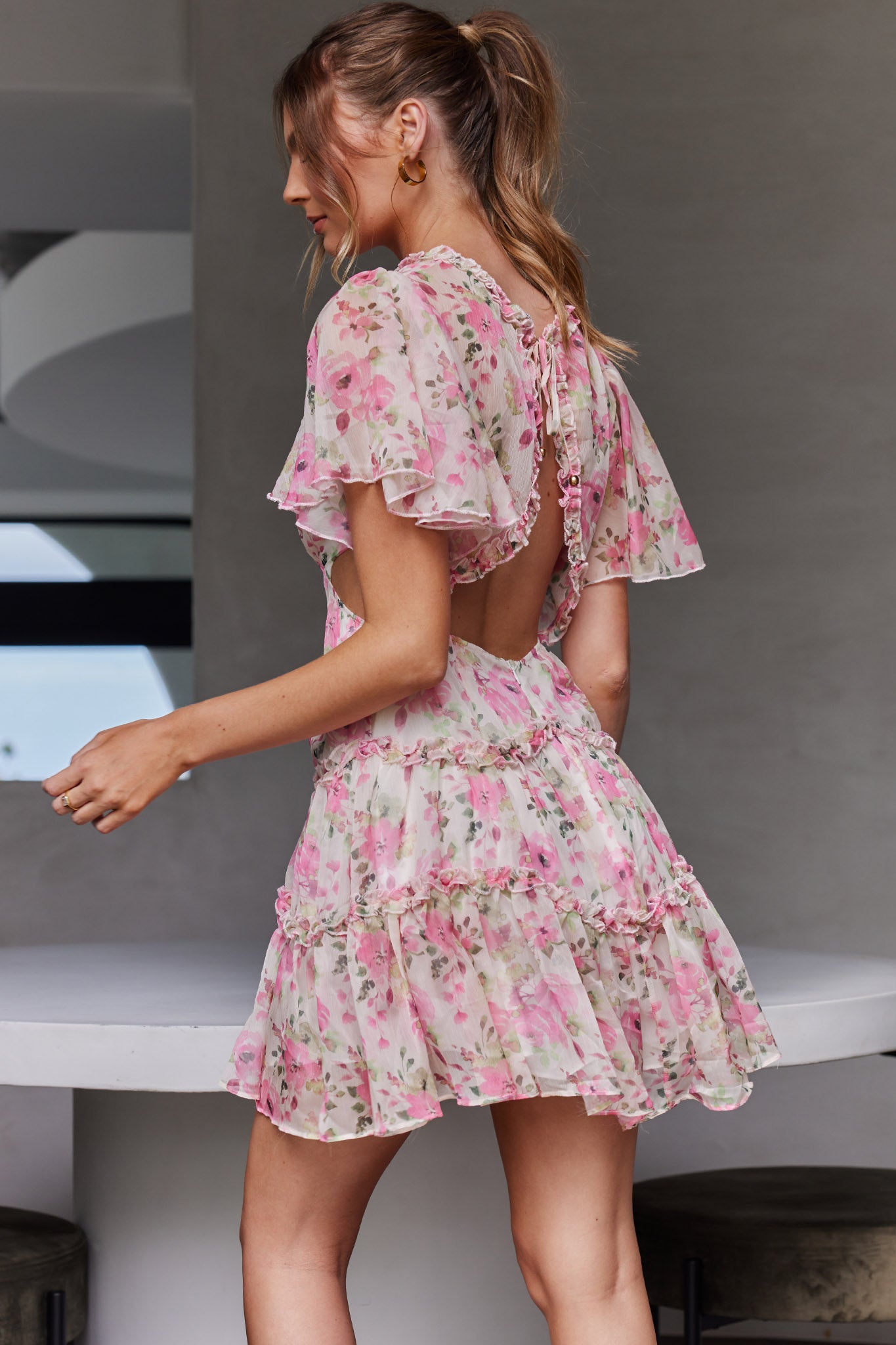Tres Chic Flutter Sleeve Cut-Out Dress Floral Pink-Maymioy