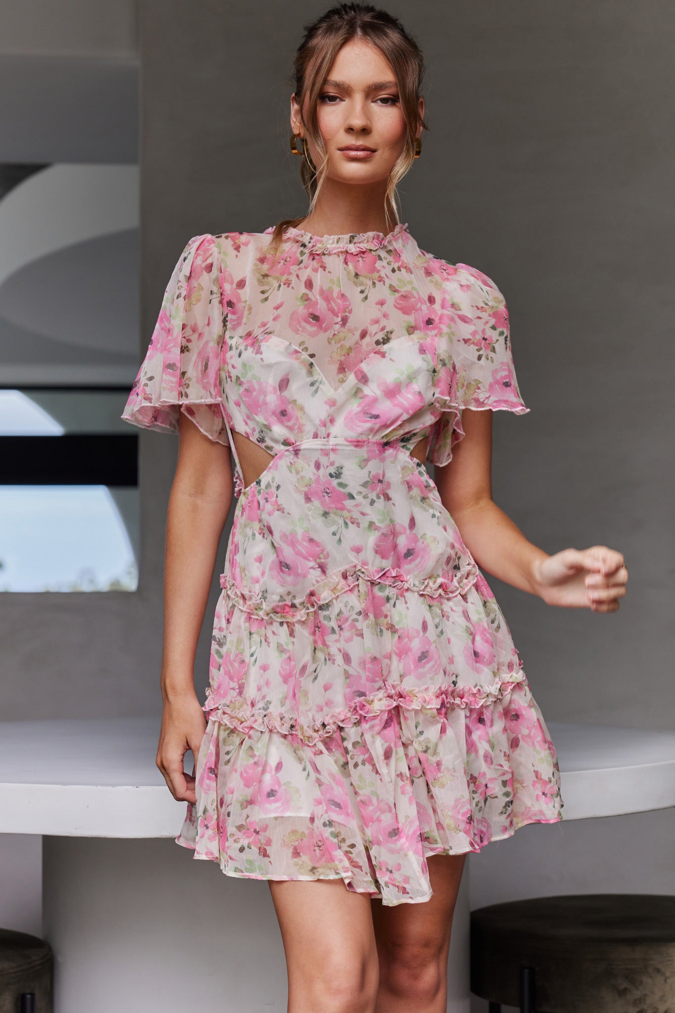 Tres Chic Flutter Sleeve Cut-Out Dress Floral Pink-Maymioy