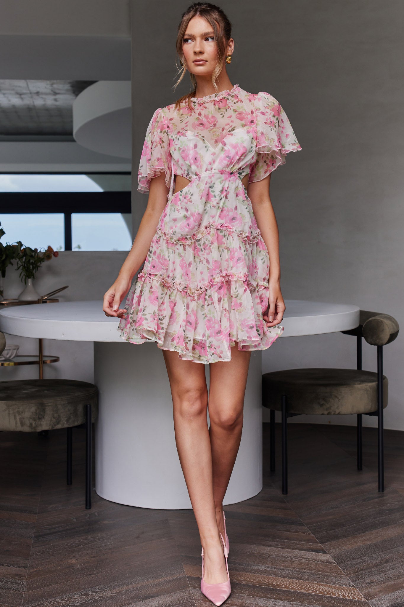 Tres Chic Flutter Sleeve Cut-Out Dress Floral Pink-Maymioy