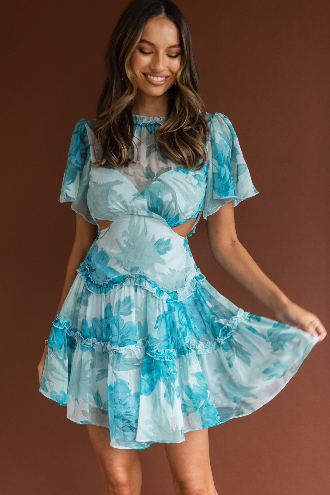 Tres Chic Flutter Sleeve Cut-Out Dress Botanical Blue-Maymioy