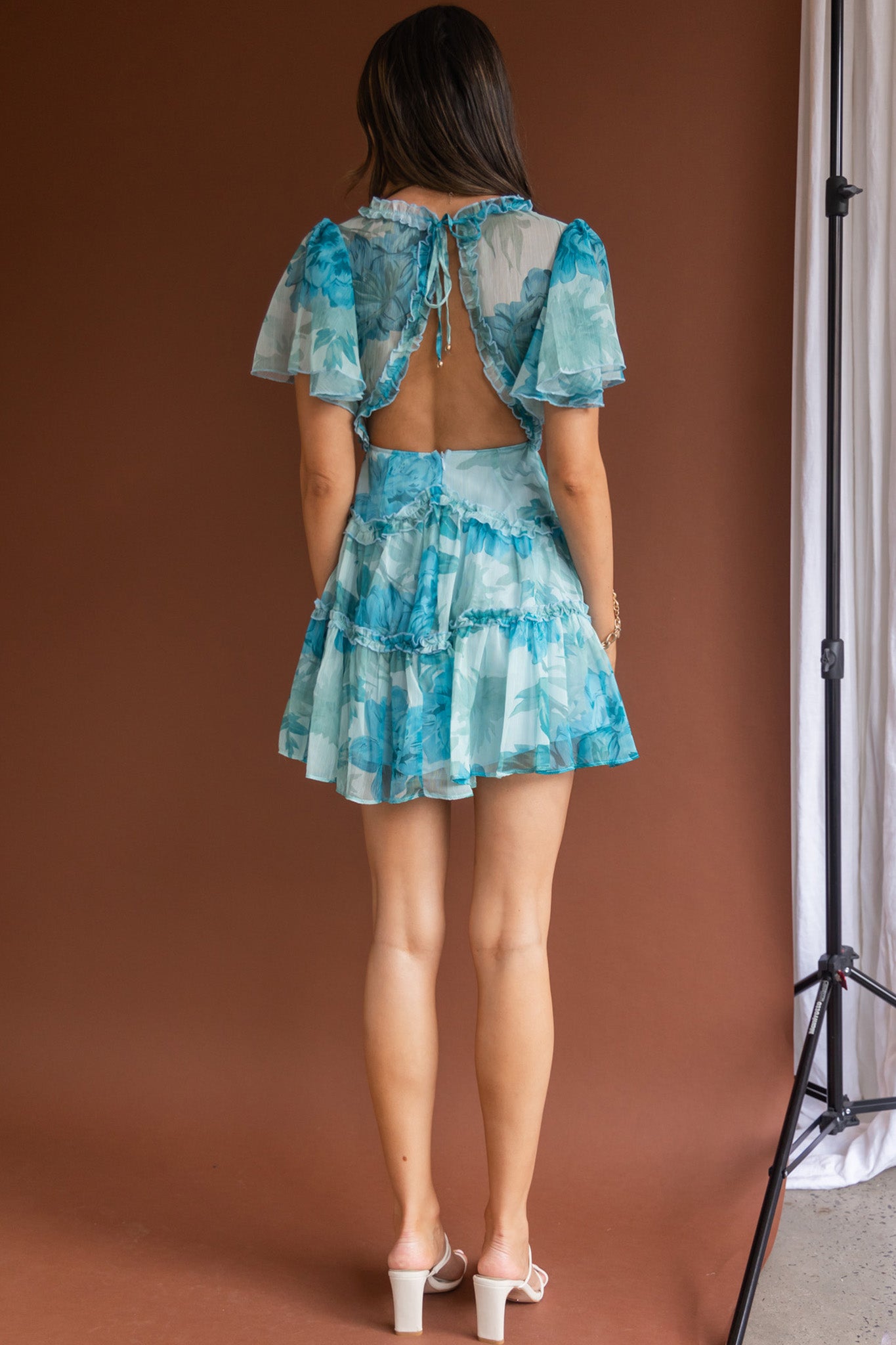 Tres Chic Flutter Sleeve Cut-Out Dress Botanical Blue-Maymioy