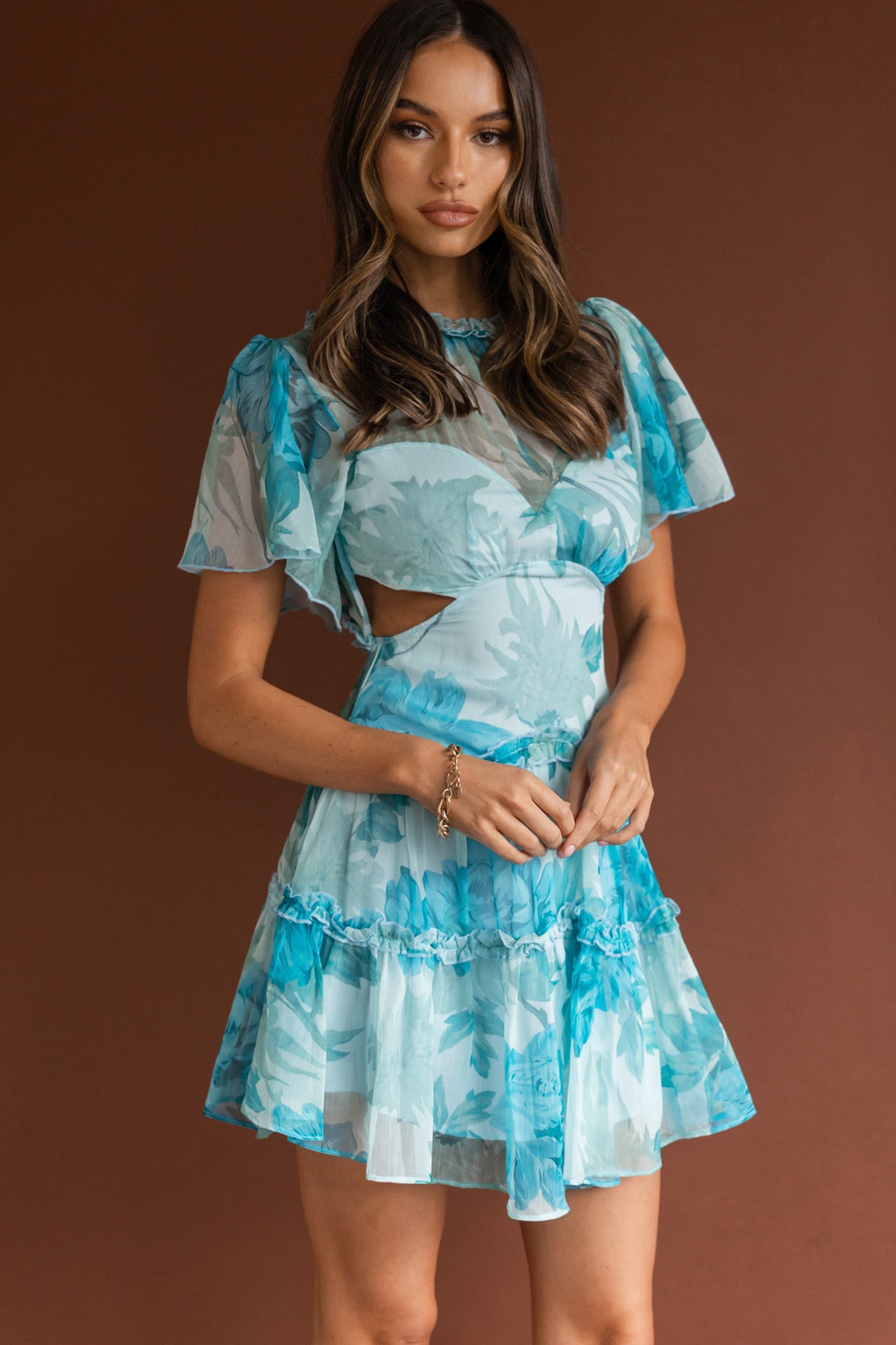 Tres Chic Flutter Sleeve Cut-Out Dress Botanical Blue-Maymioy