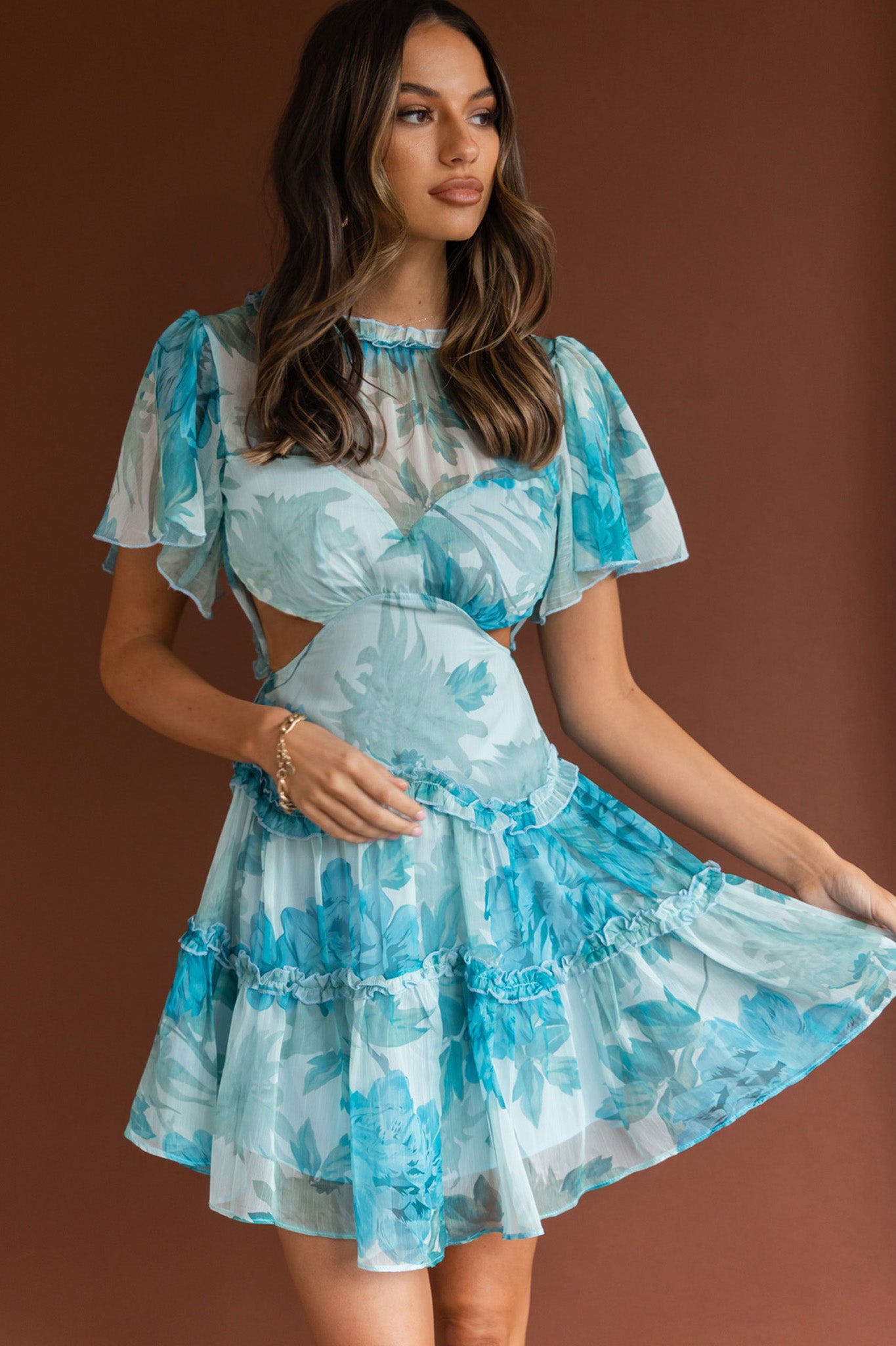 Tres Chic Flutter Sleeve Cut-Out Dress Botanical Blue-Maymioy