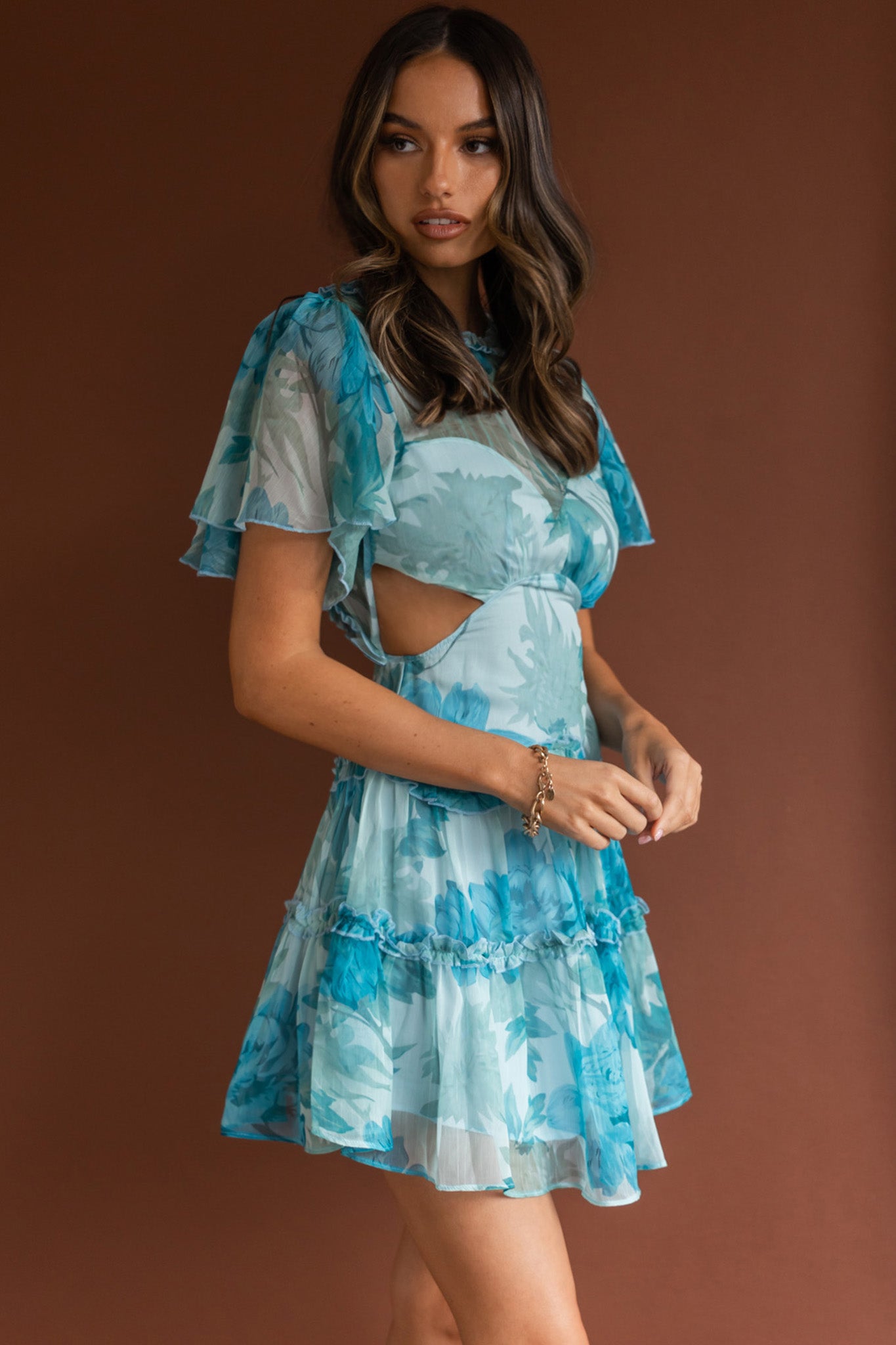 Tres Chic Flutter Sleeve Cut-Out Dress Botanical Blue-Maymioy