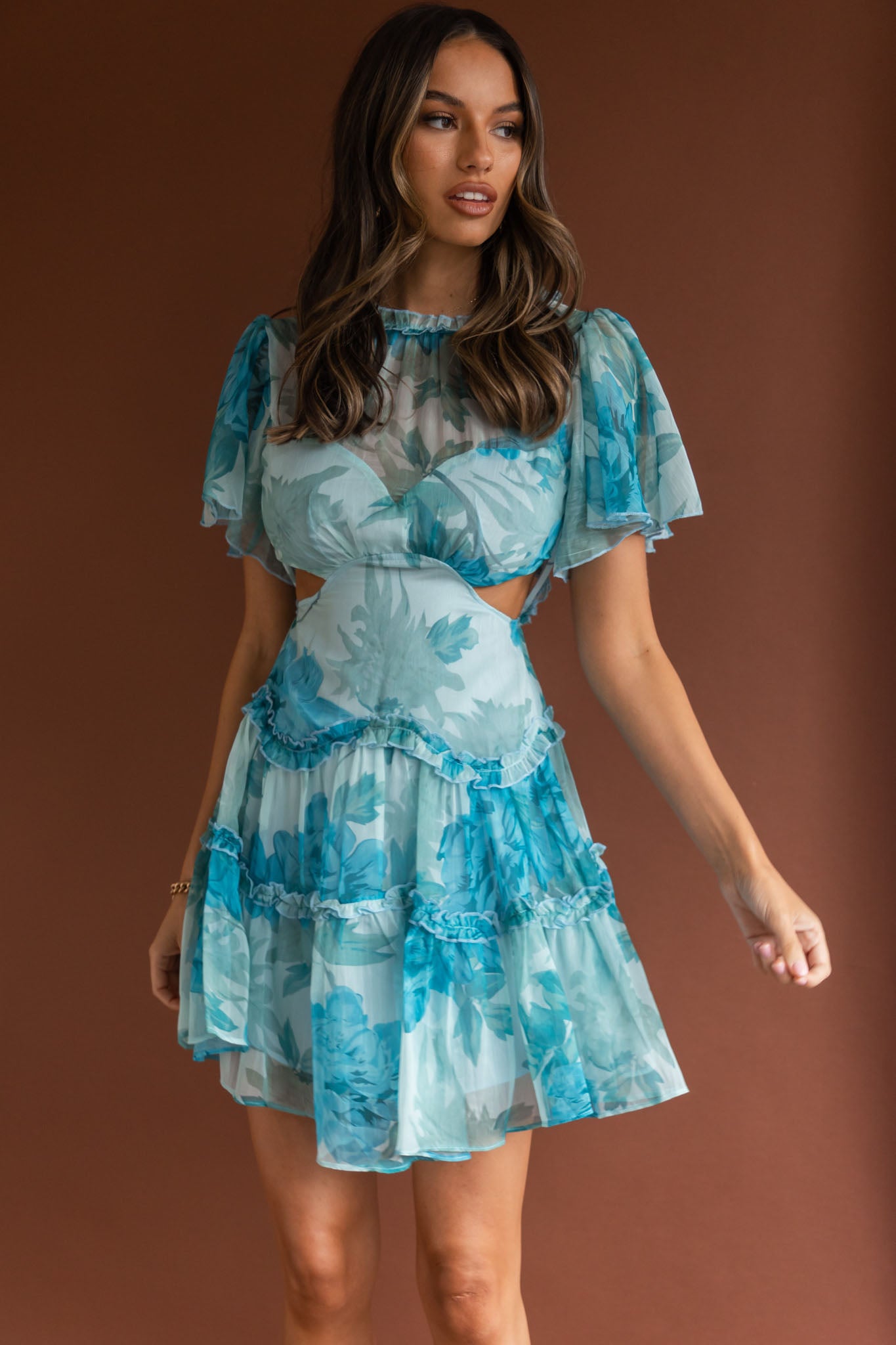 Tres Chic Flutter Sleeve Cut-Out Dress Botanical Blue-Maymioy