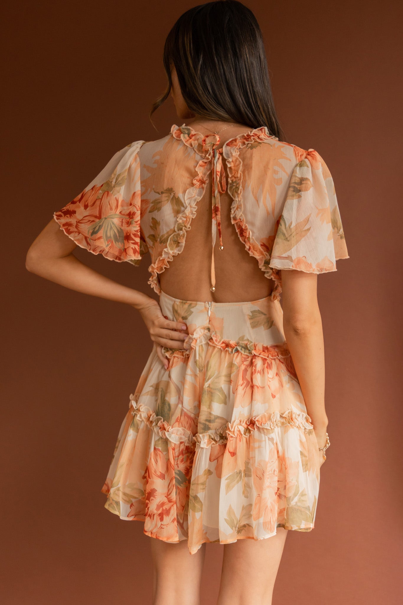 Tres Chic Flutter Sleeve Cut-Out Dress Botanical Tangerine-Maymioy