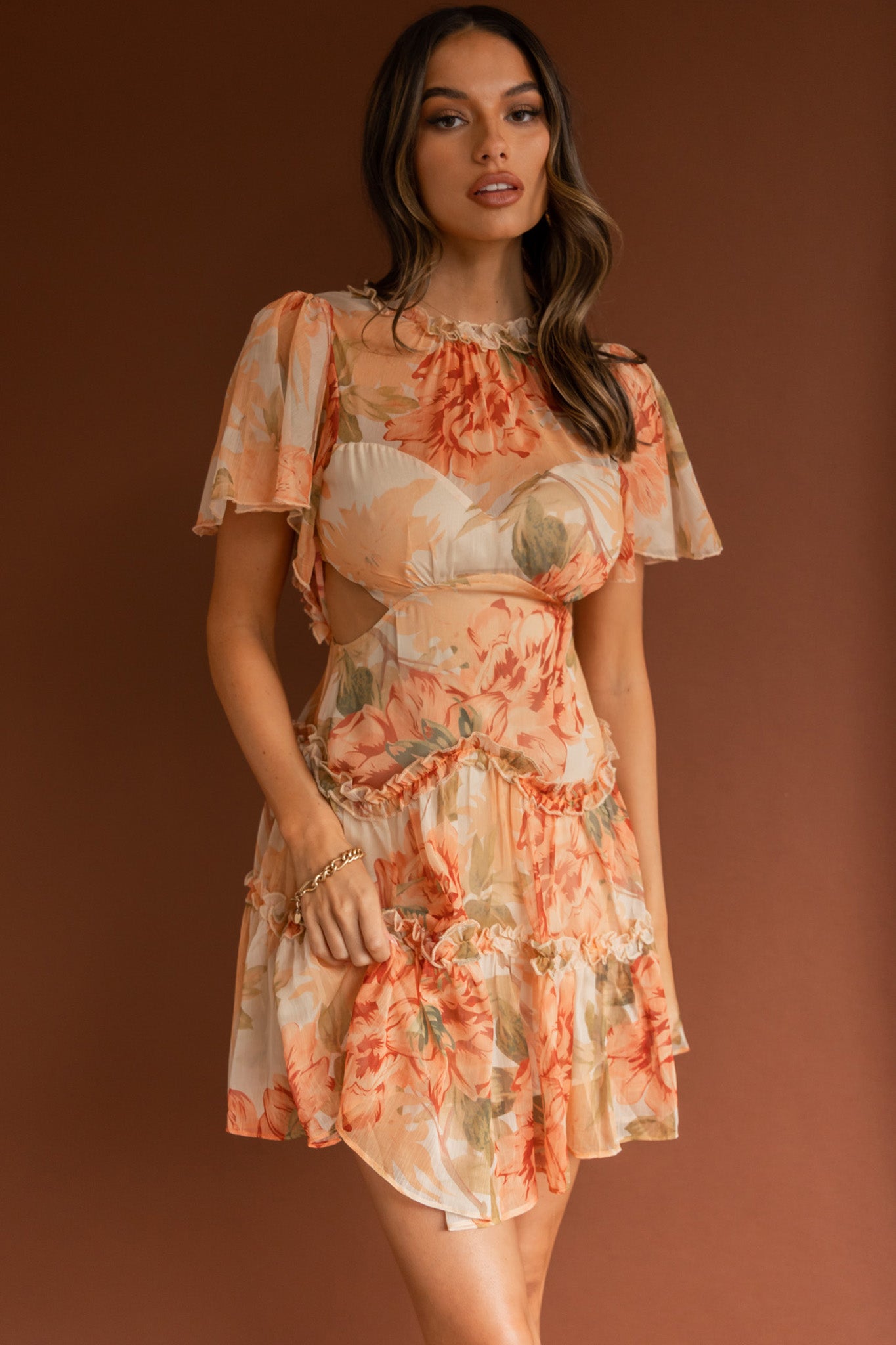 Tres Chic Flutter Sleeve Cut-Out Dress Botanical Tangerine-Maymioy