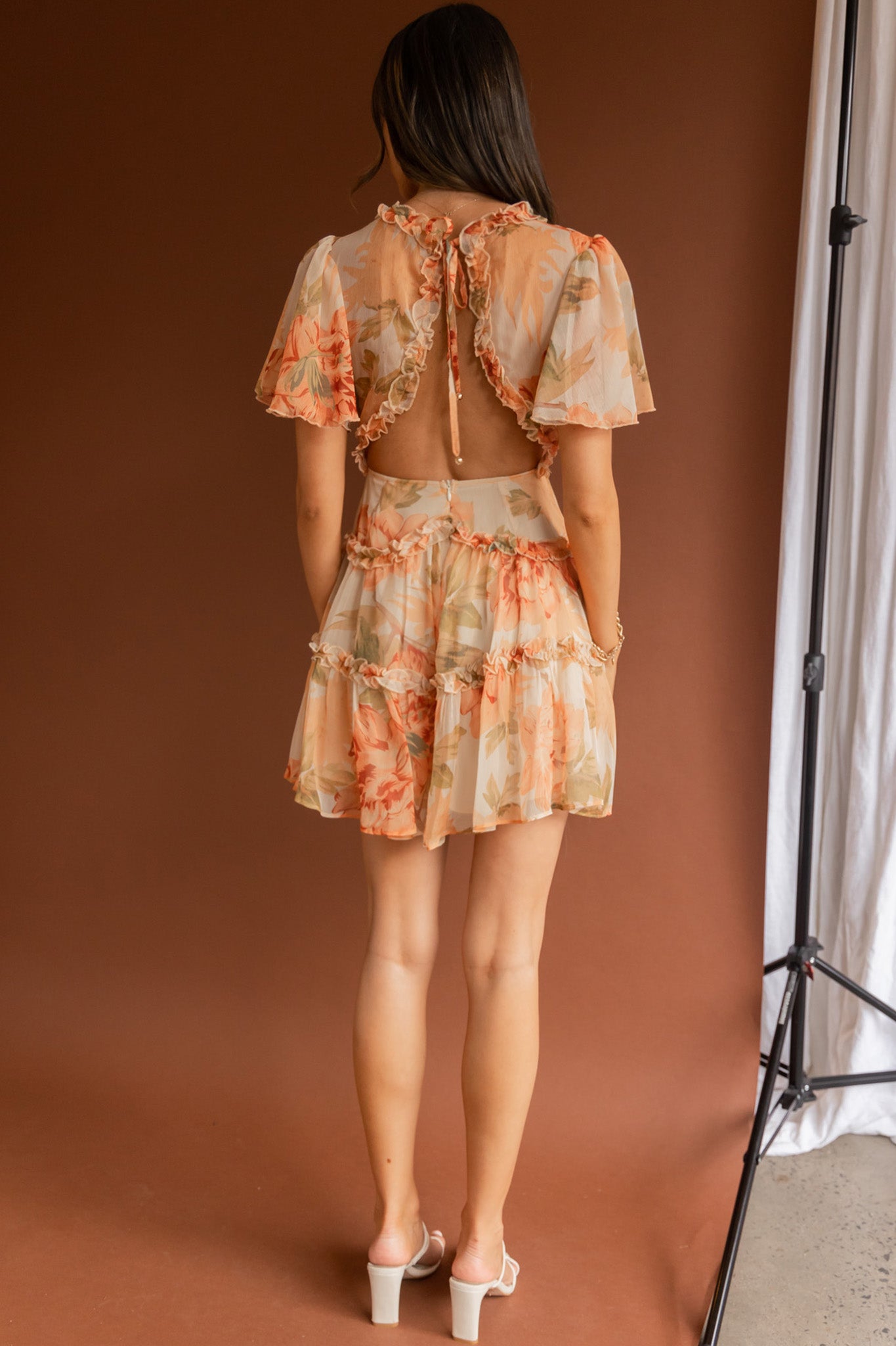 Tres Chic Flutter Sleeve Cut-Out Dress Botanical Tangerine-Maymioy