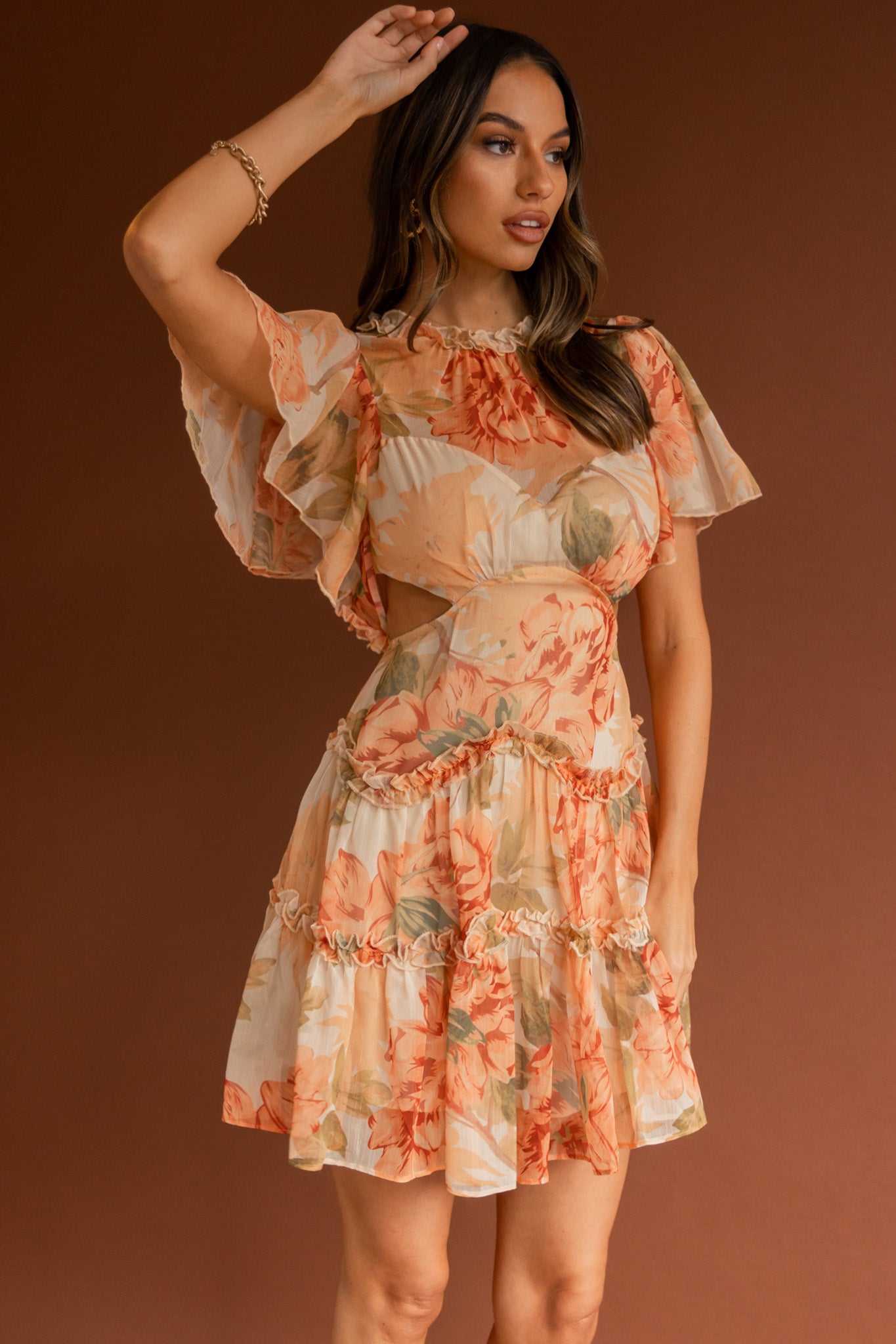 Tres Chic Flutter Sleeve Cut-Out Dress Botanical Tangerine-Maymioy