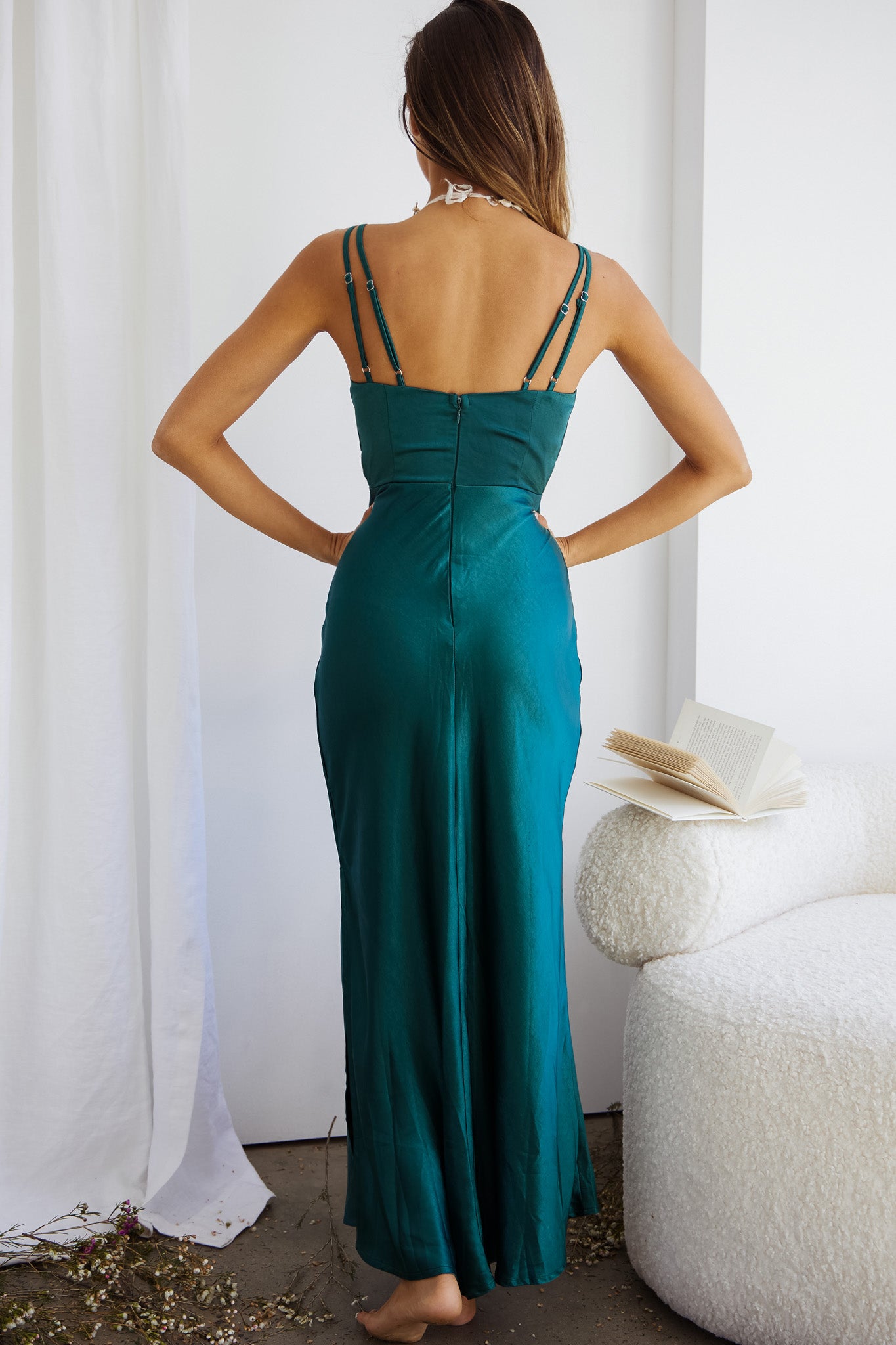 Torah Cut-Out Bodice Front Split Maxi Dress Forest Green-Maymioy