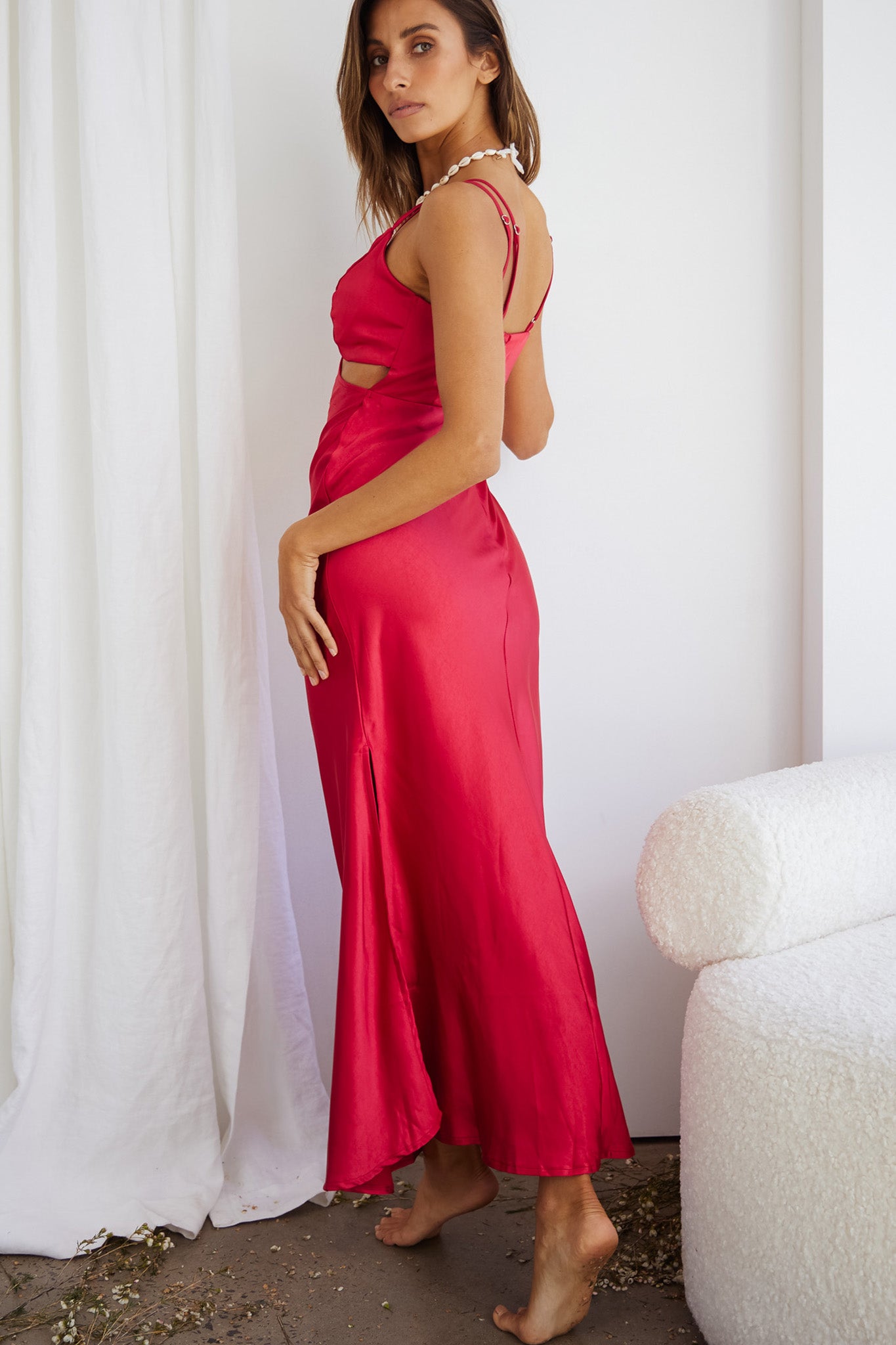 Torah Cut-Out Bodice Front Split Maxi Dress Wine-Maymioy