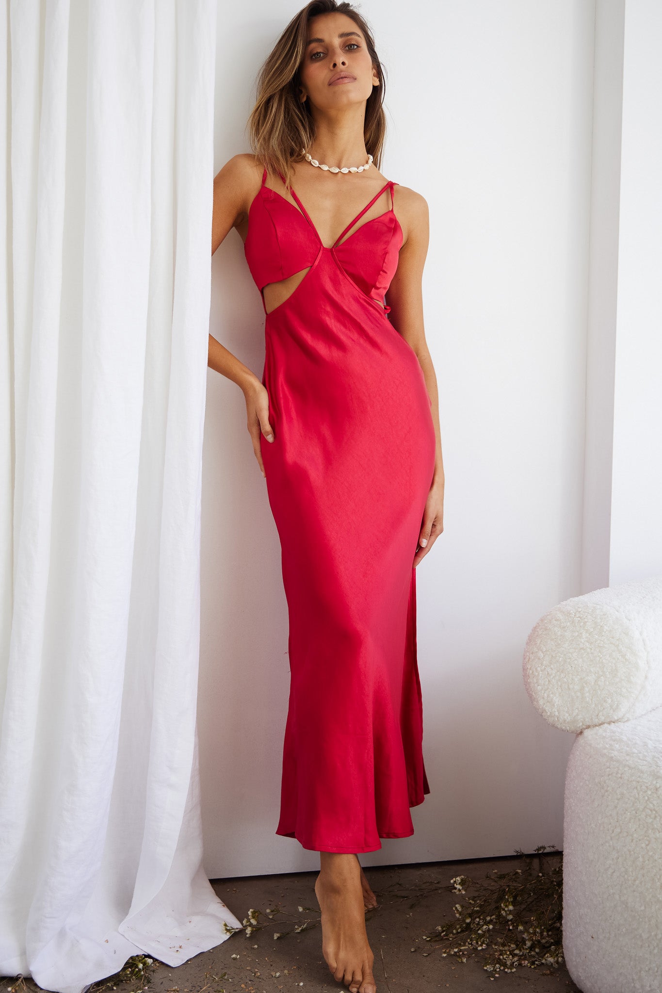 Torah Cut-Out Bodice Front Split Maxi Dress Wine-Maymioy