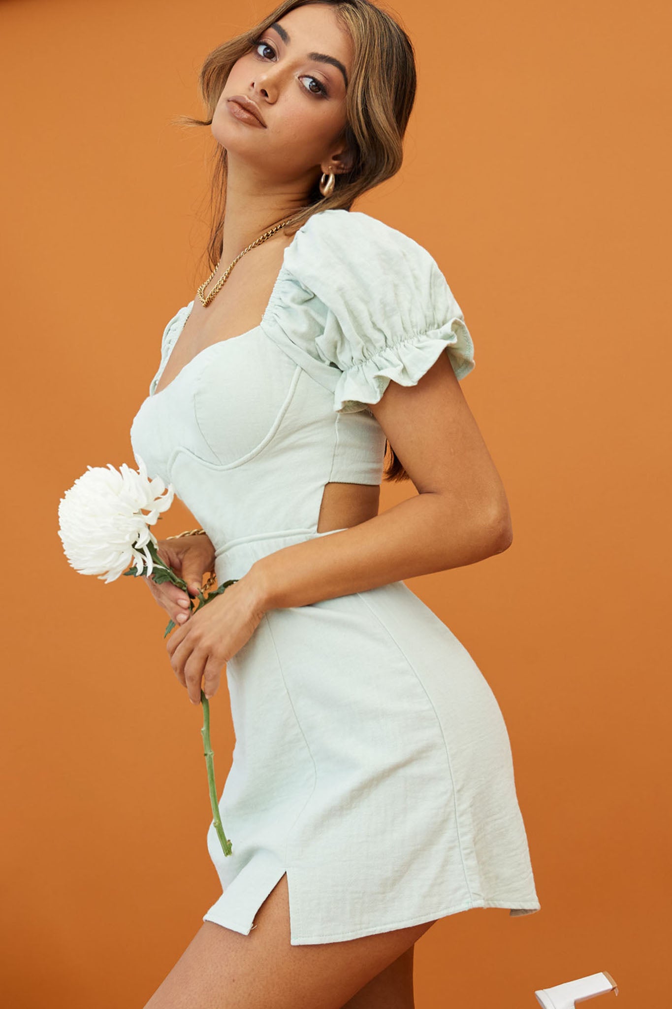 Norma Jean Puff Sleeve Piping Trim Mini Dress Sage-Maymioy